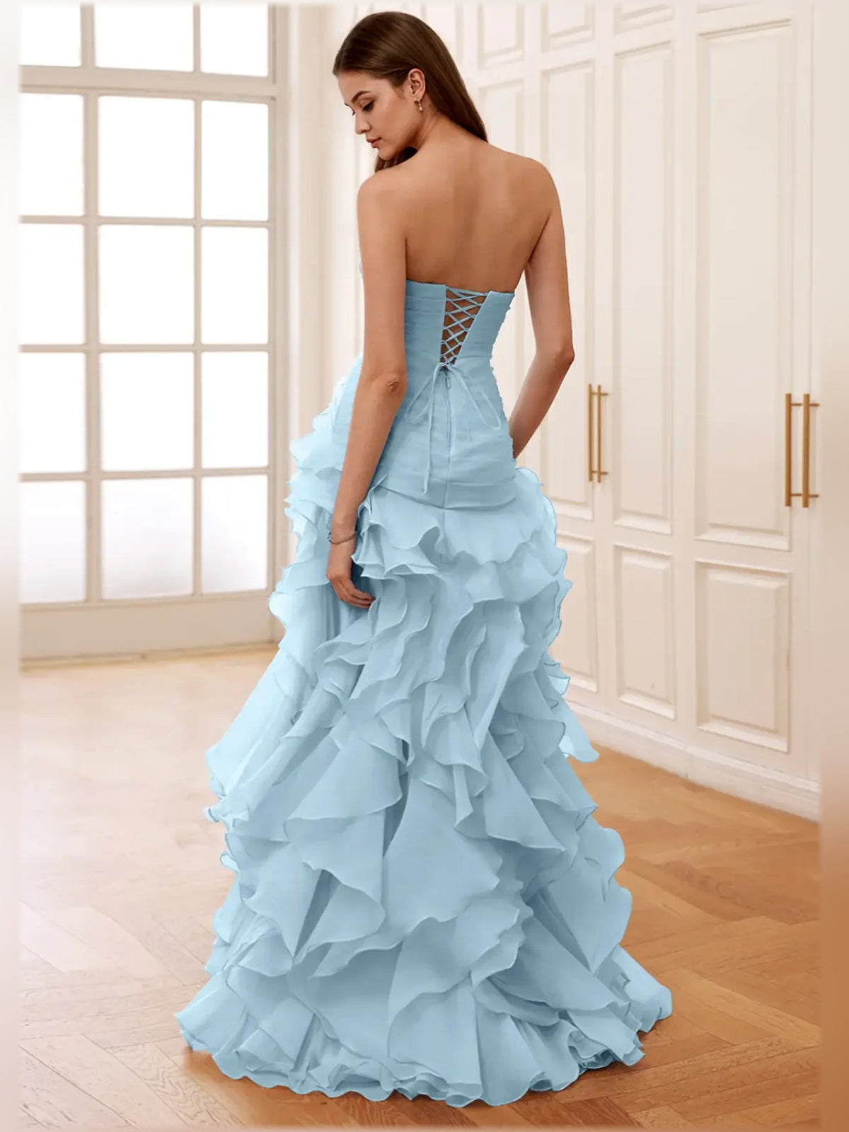 Sky Blue a-line floor-length formal dress with skirt slit, alternate view
