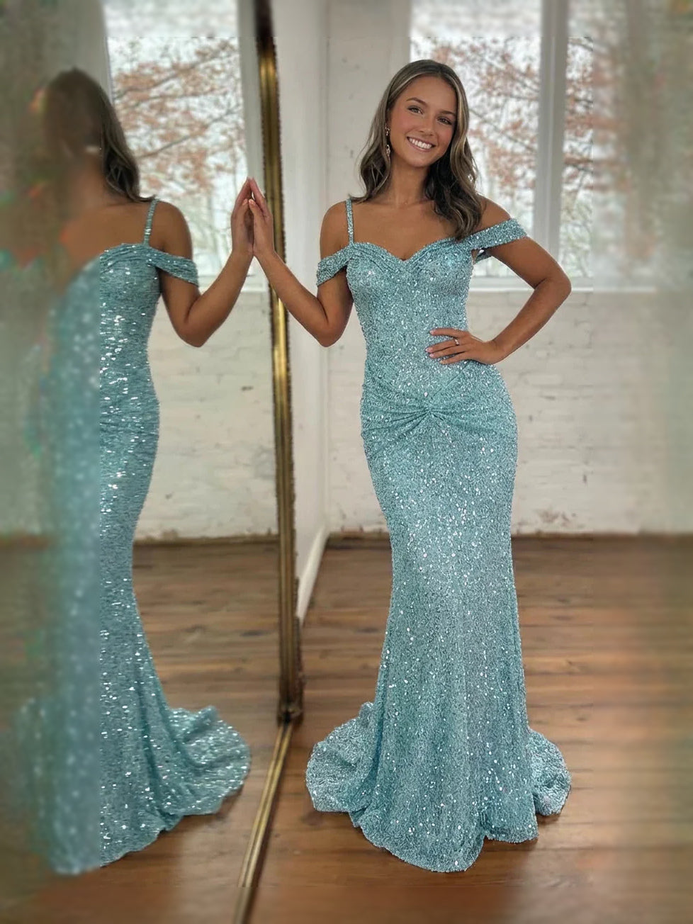 Blue maxi prom dress, alternate view showing the dress shape and hem