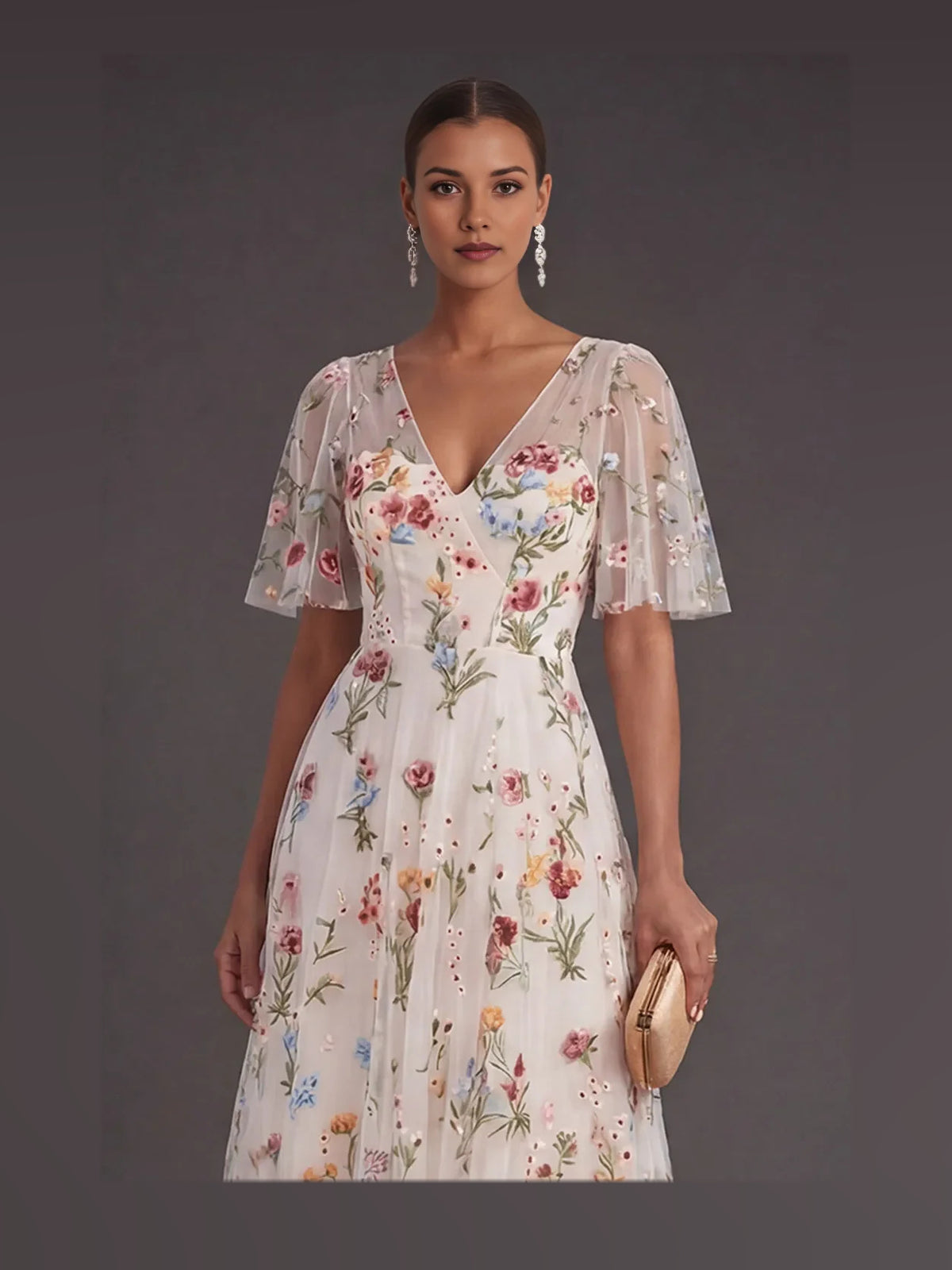 Ivory tea-length prom dress, alternate view showing the dress shape and hem