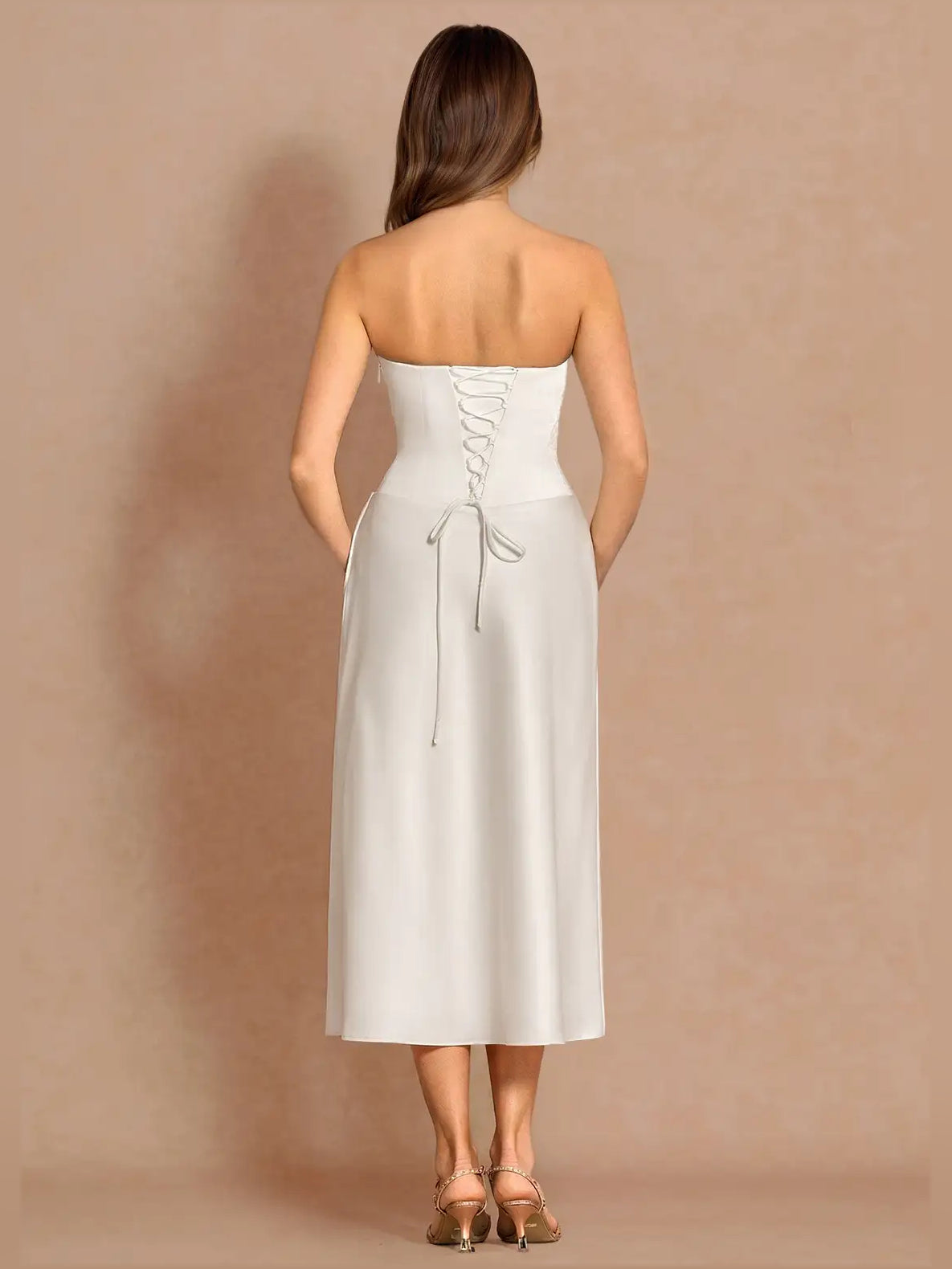 Ivory midi wedding dress, alternate view showing the dress shape and hem