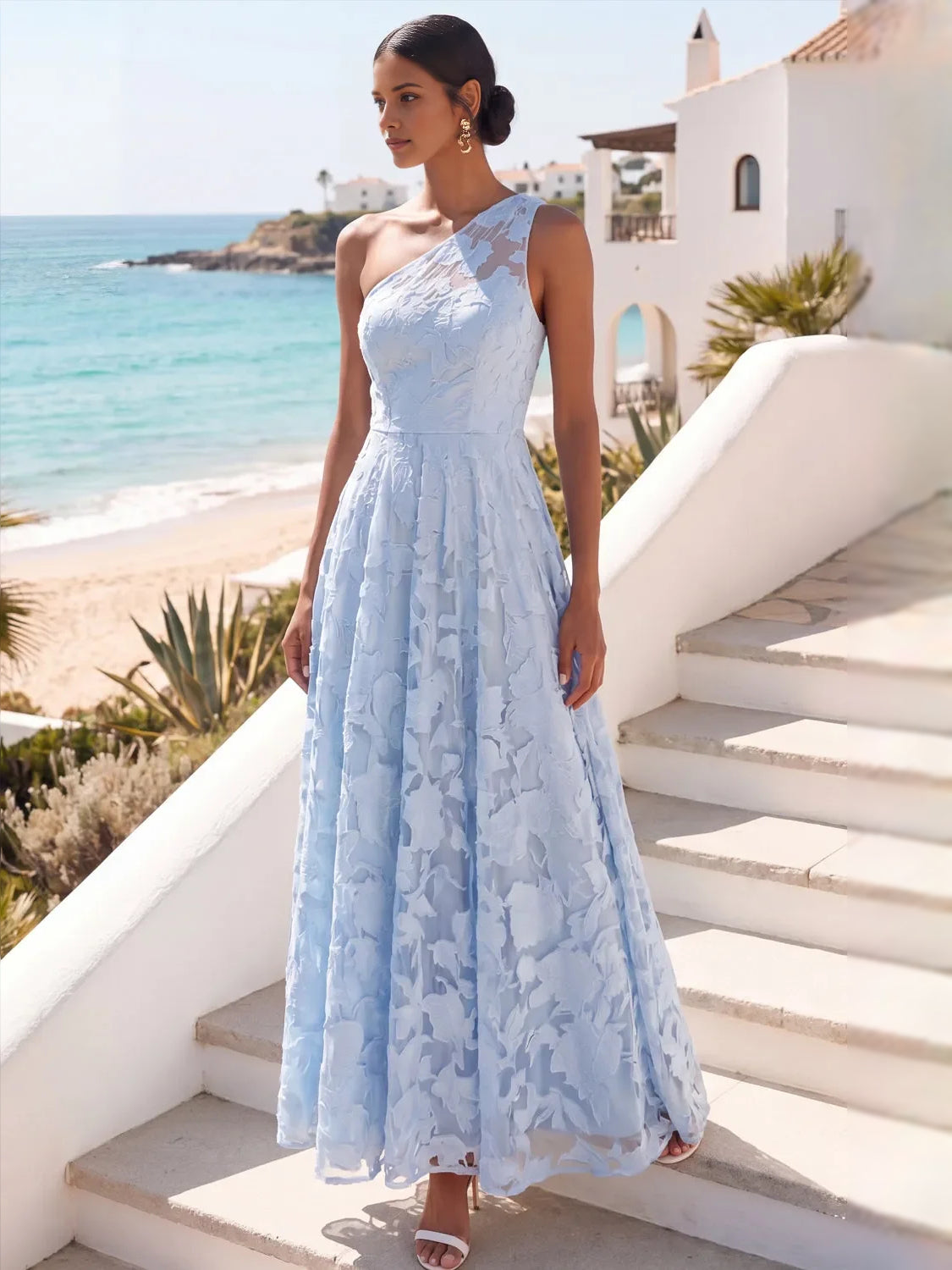 Light Blue maxi bridesmaid dress, alternate view showing the dress shape and hem