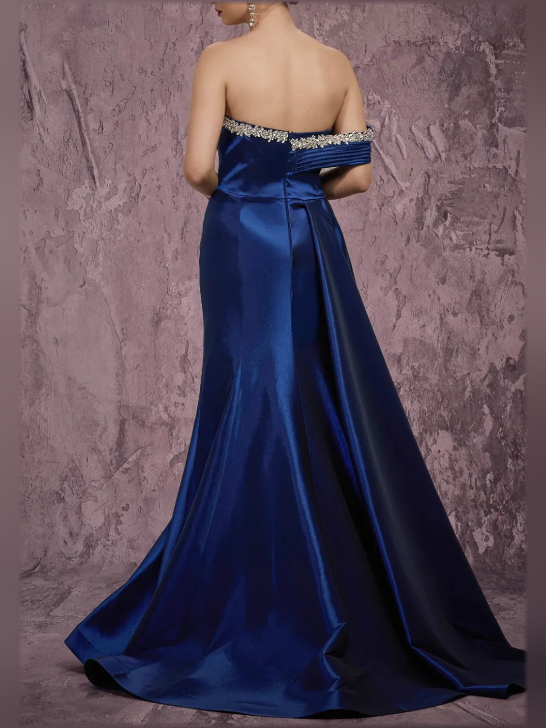 Navy Blue mermaid floor-length formal dress with beading, alternate view showing the bodice