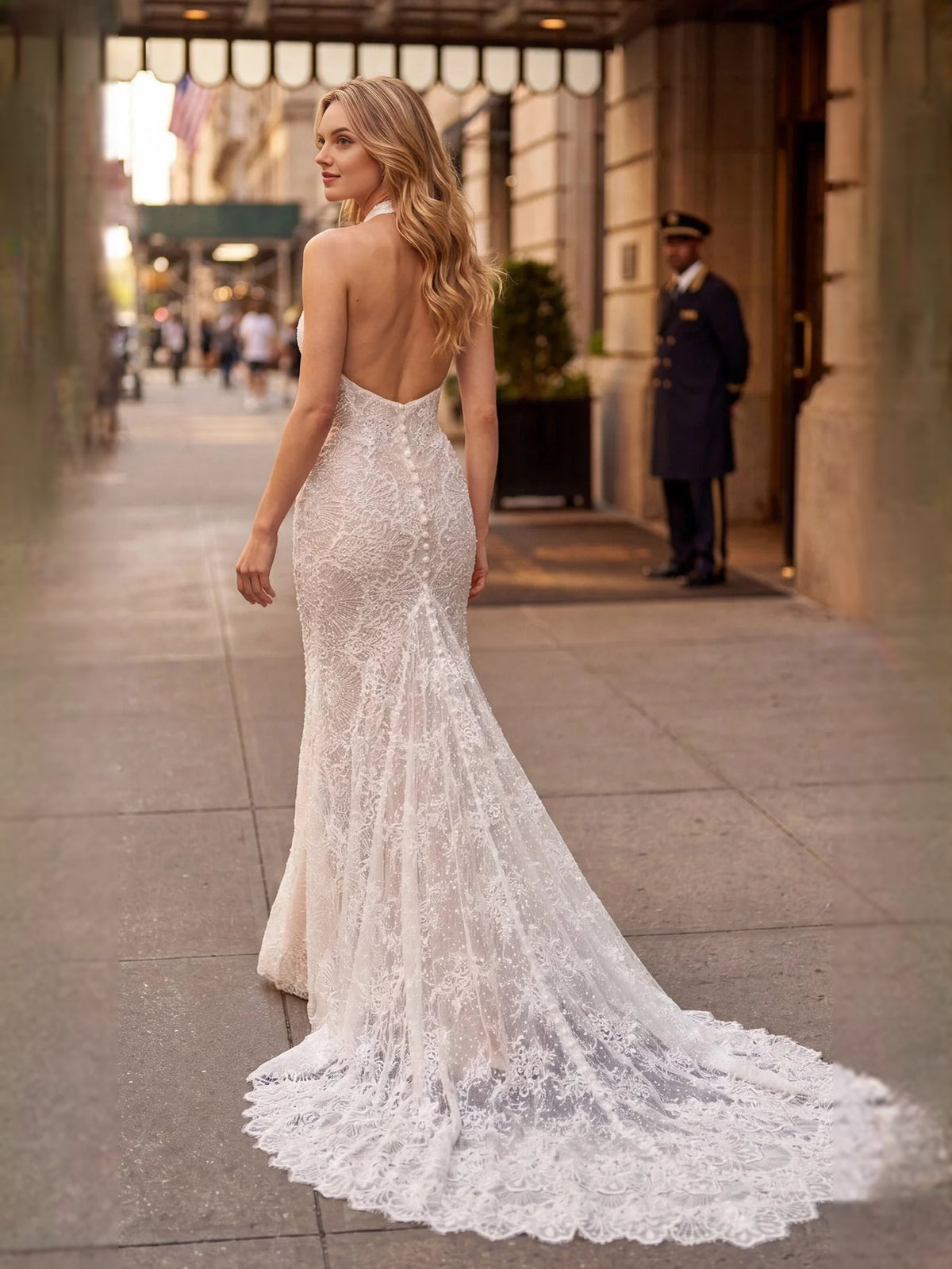 Ivory floor-length wedding dress, alternate view showing the dress shape and hem