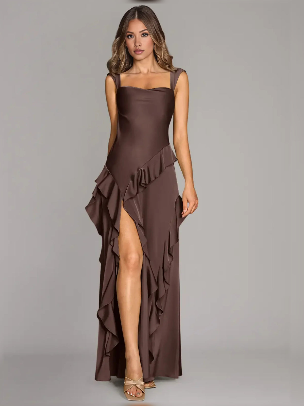 Chocolate maxi bridesmaid dress, alternate view showing the dress shape and hem