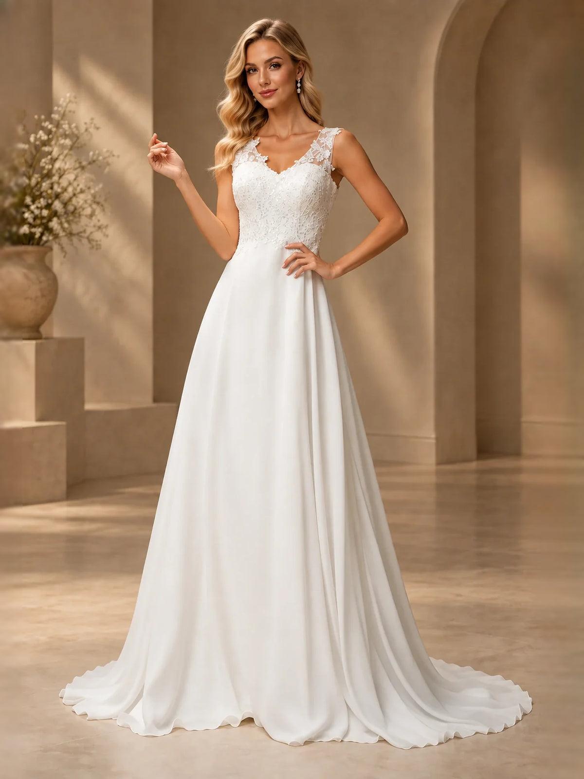 White floor-length wedding dress, alternate view showing the dress shape and hem