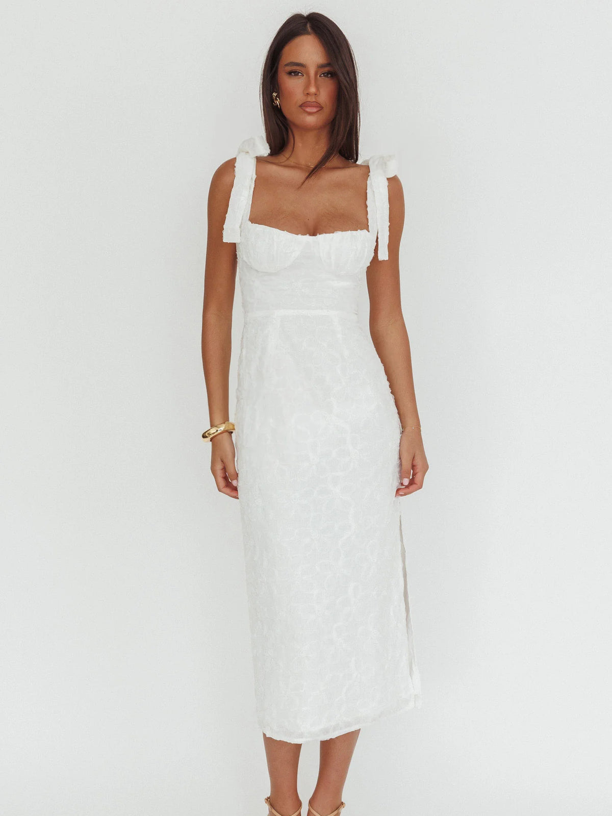 White midi formal dress, alternate view showing the bodice