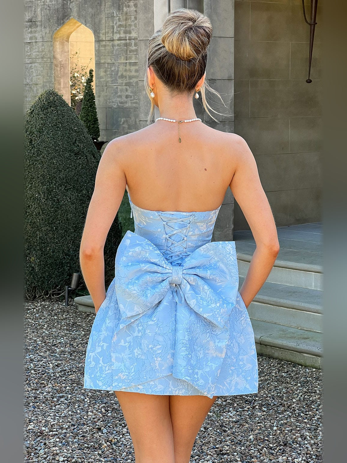 Blue mini homecoming dress, alternate view showing the dress shape and hem