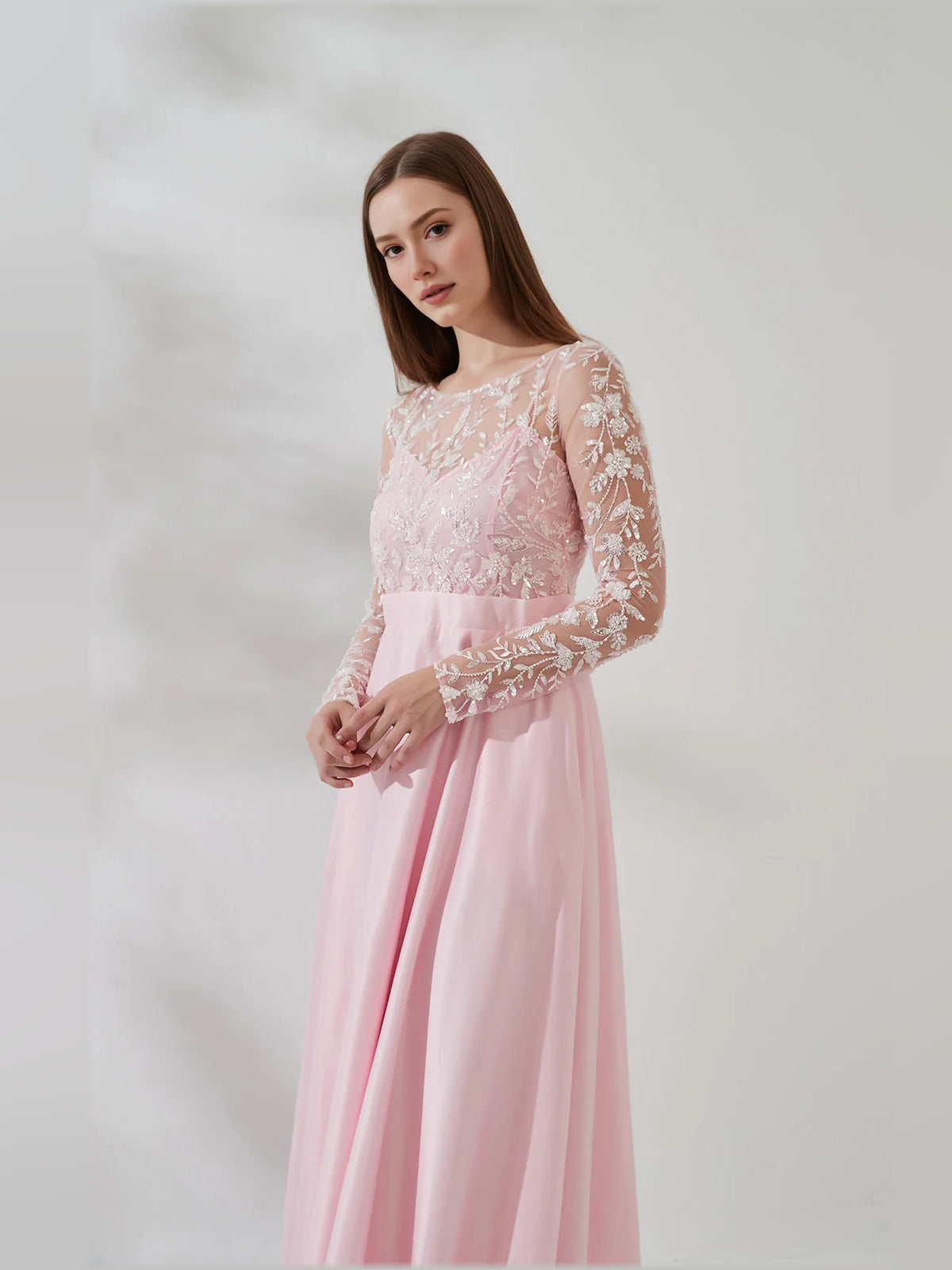 Light Pink a-line floor-length formal dress with floral print, alternate view