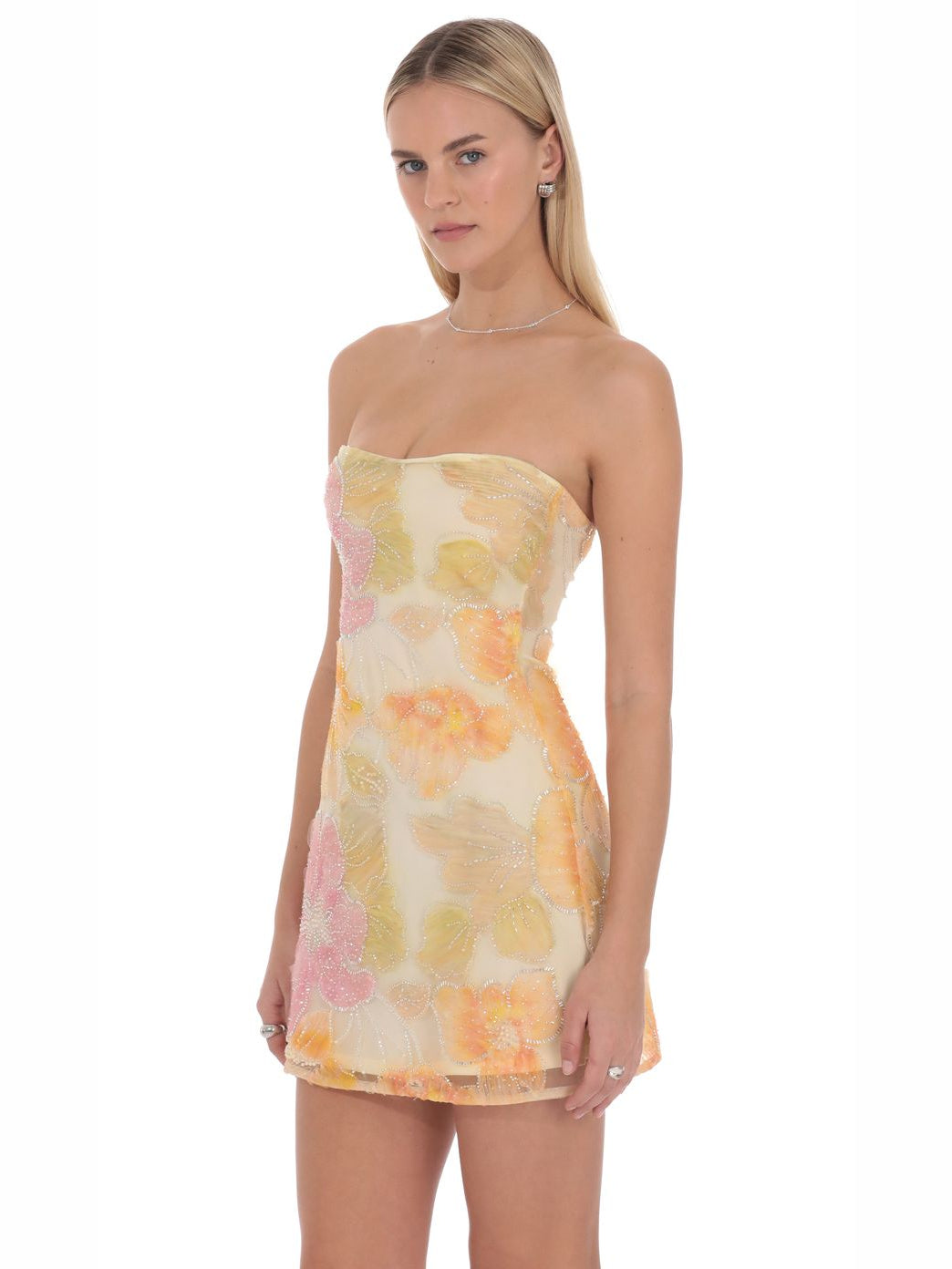 Cream mini homecoming dress, alternate view showing the dress shape and hem