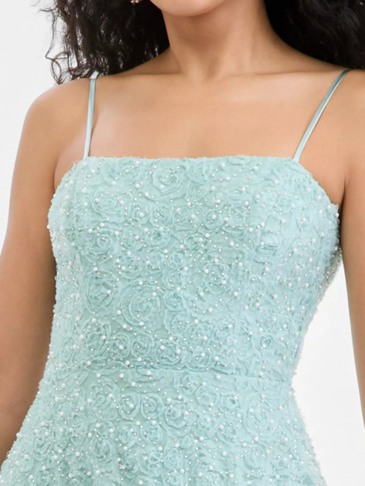 Mint Green maxi prom dress, alternate view showing the dress shape and hem