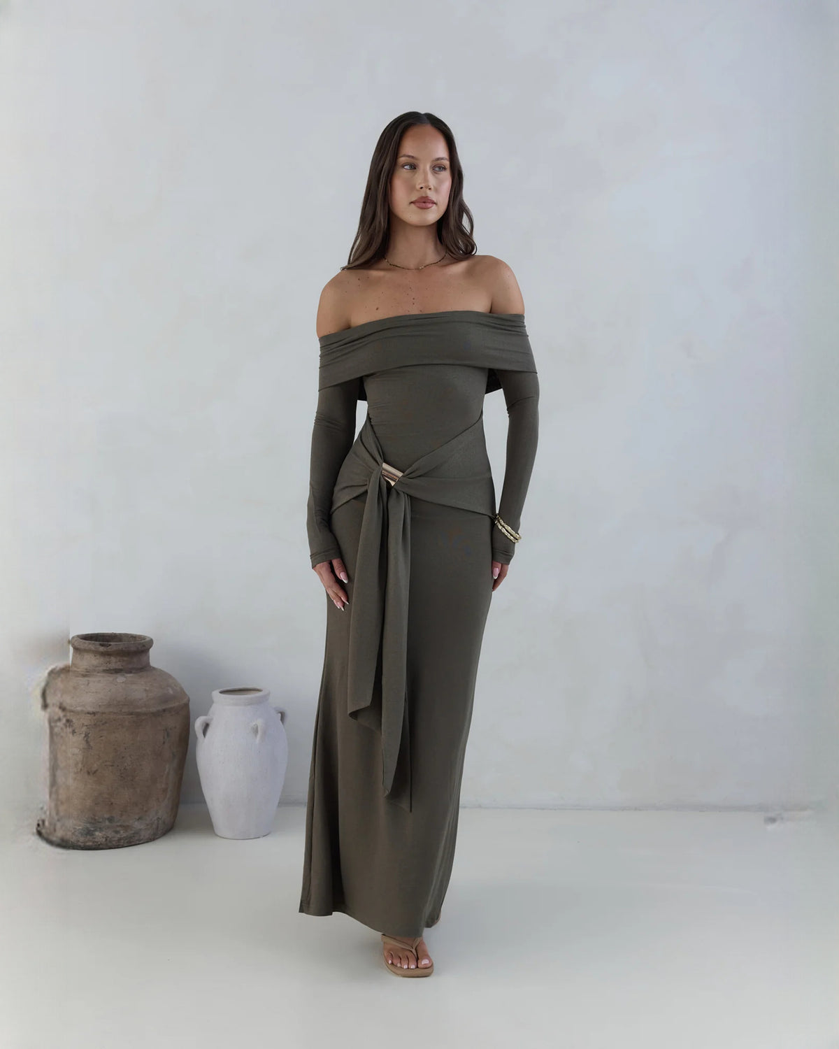 off-shoulder structured satin a-line maxi bridesmaid dress - image 3