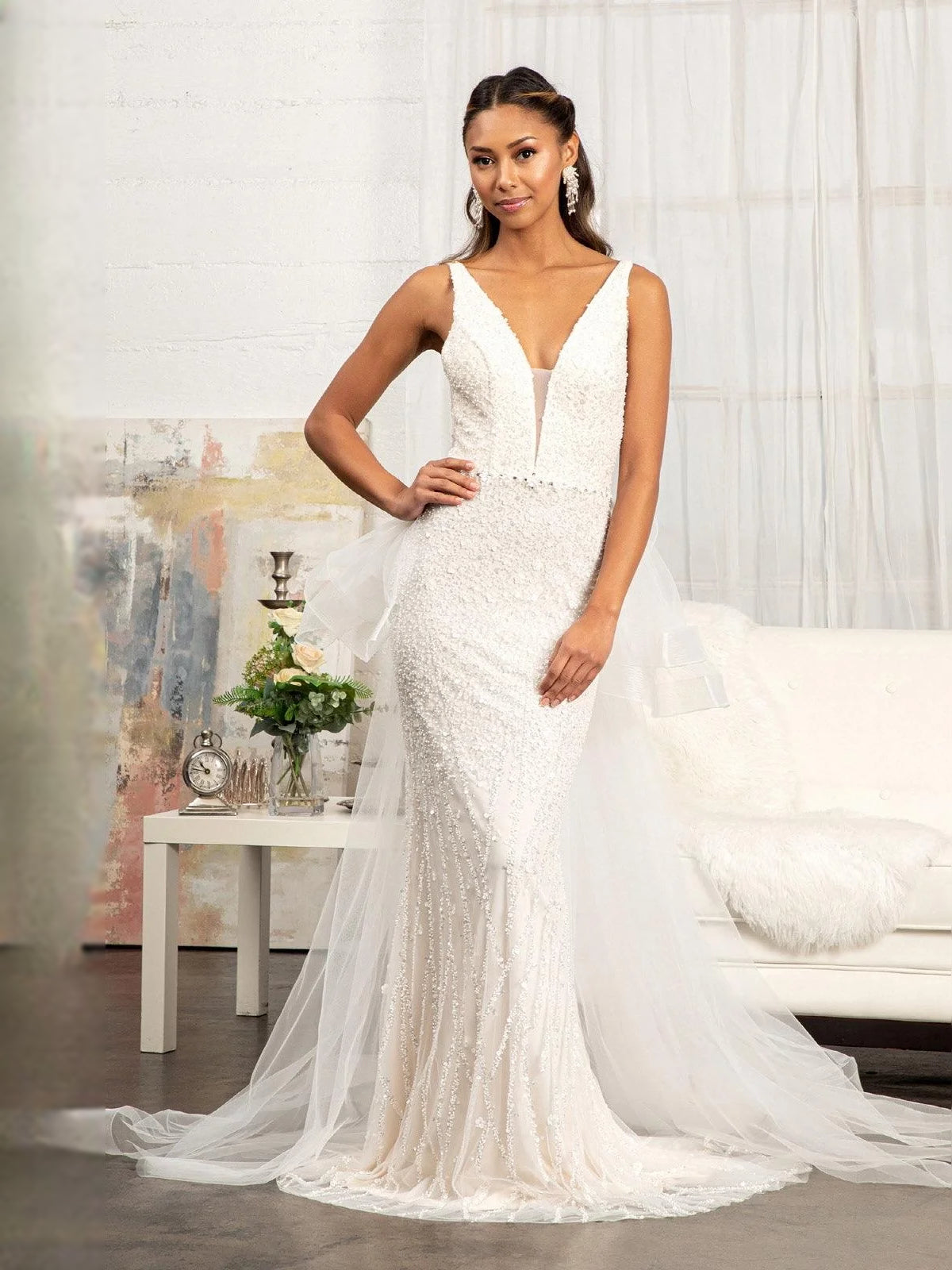 Ivory floor-length wedding dress, alternate view showing the dress shape and hem