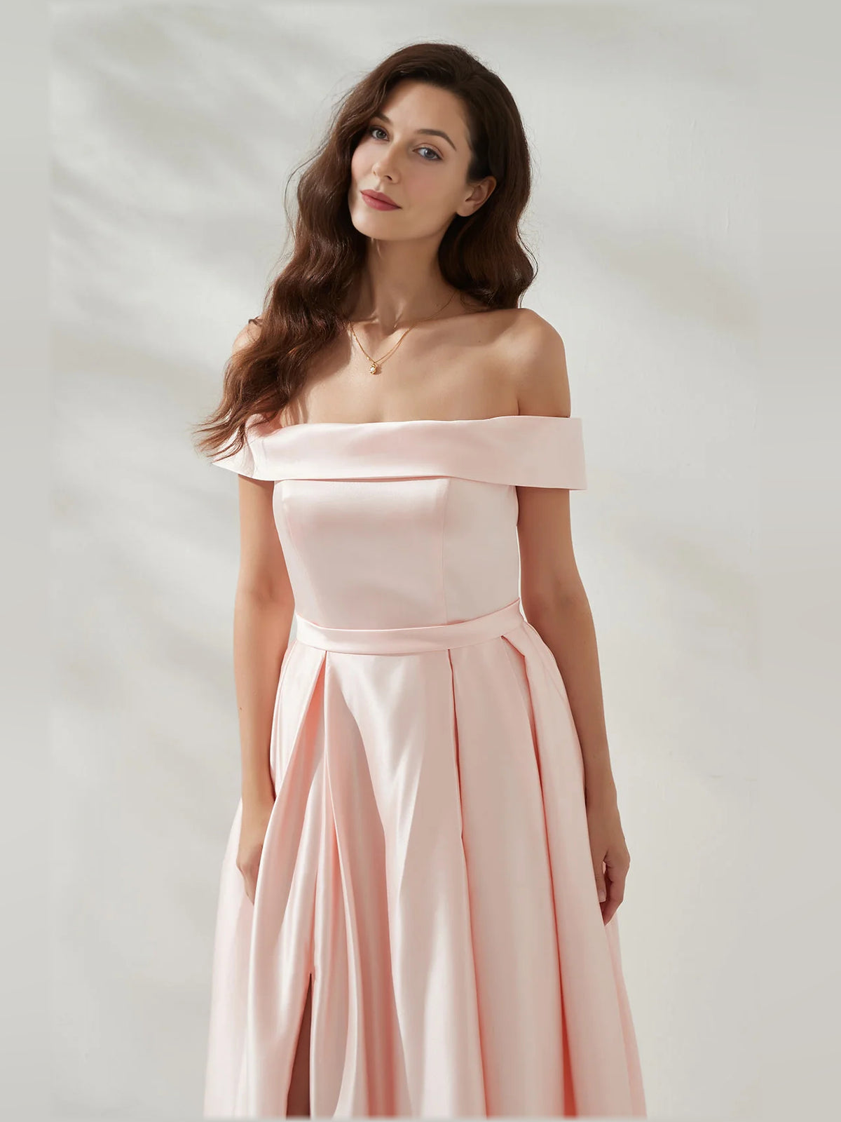 Peach a-line floor-length formal dress with skirt slit, alternate view showing the bodice