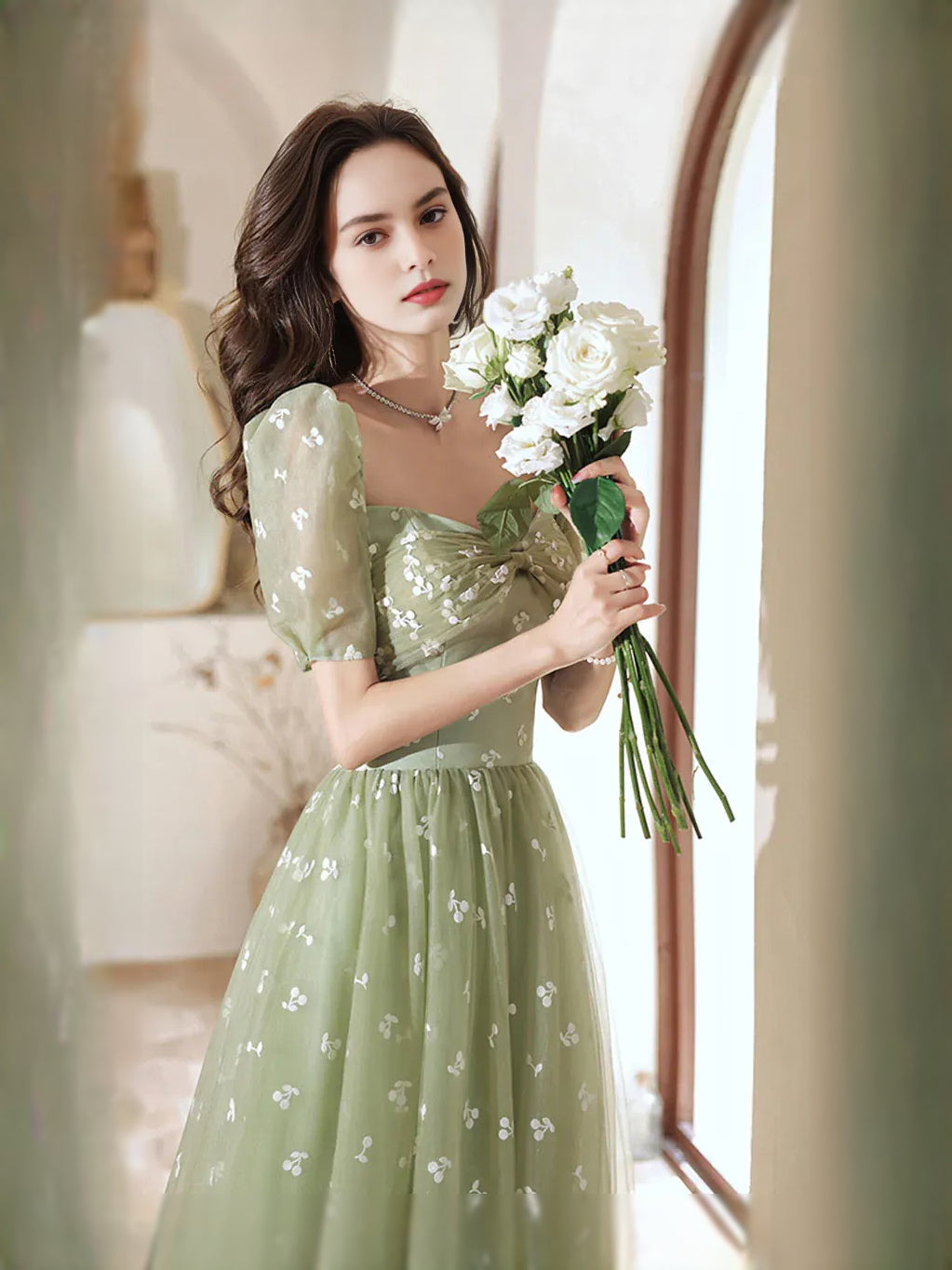 Dusty Sage maxi prom dress, alternate view showing the dress shape and hem