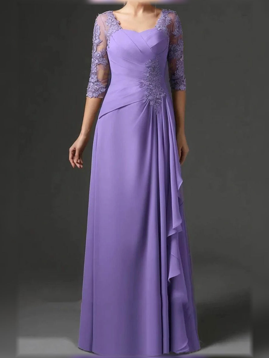 Purple floor-length mother of the bride dress, alternate view showing the dress shape and hem