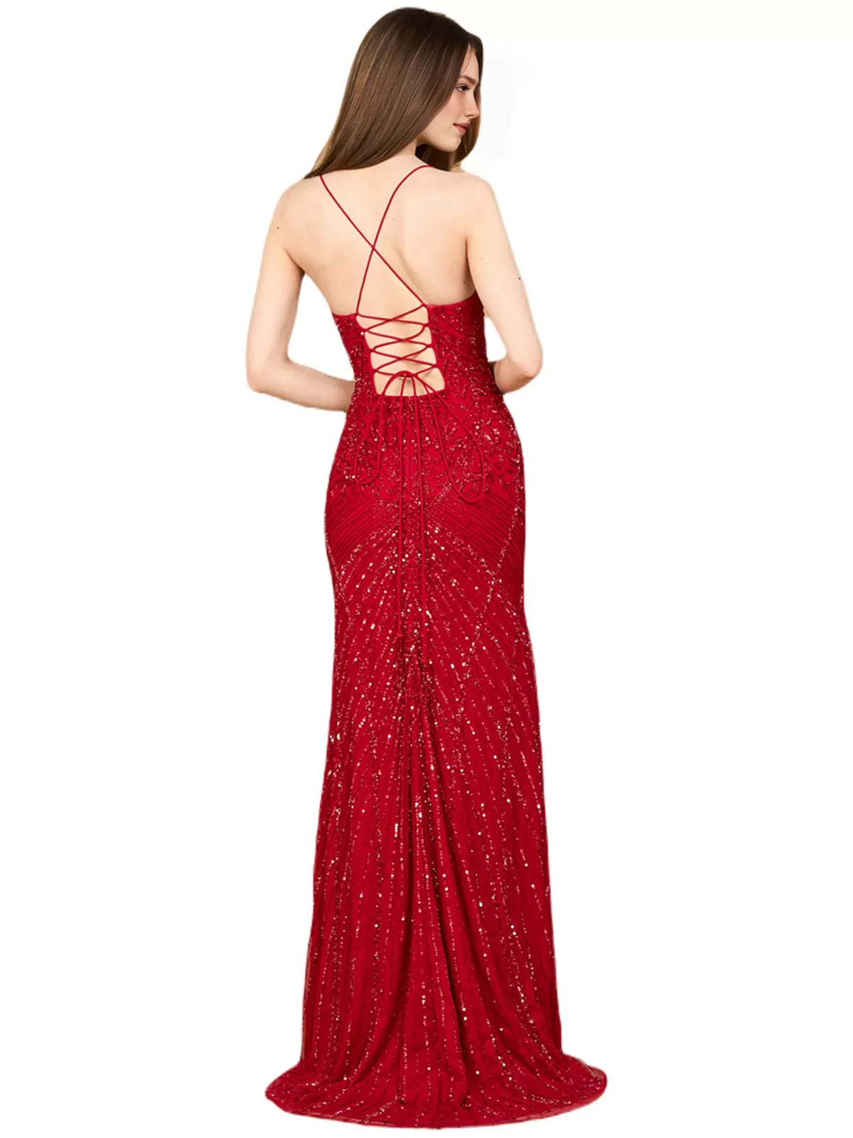 Red mermaid floor-length formal dress with beading, alternate view showing the bodice