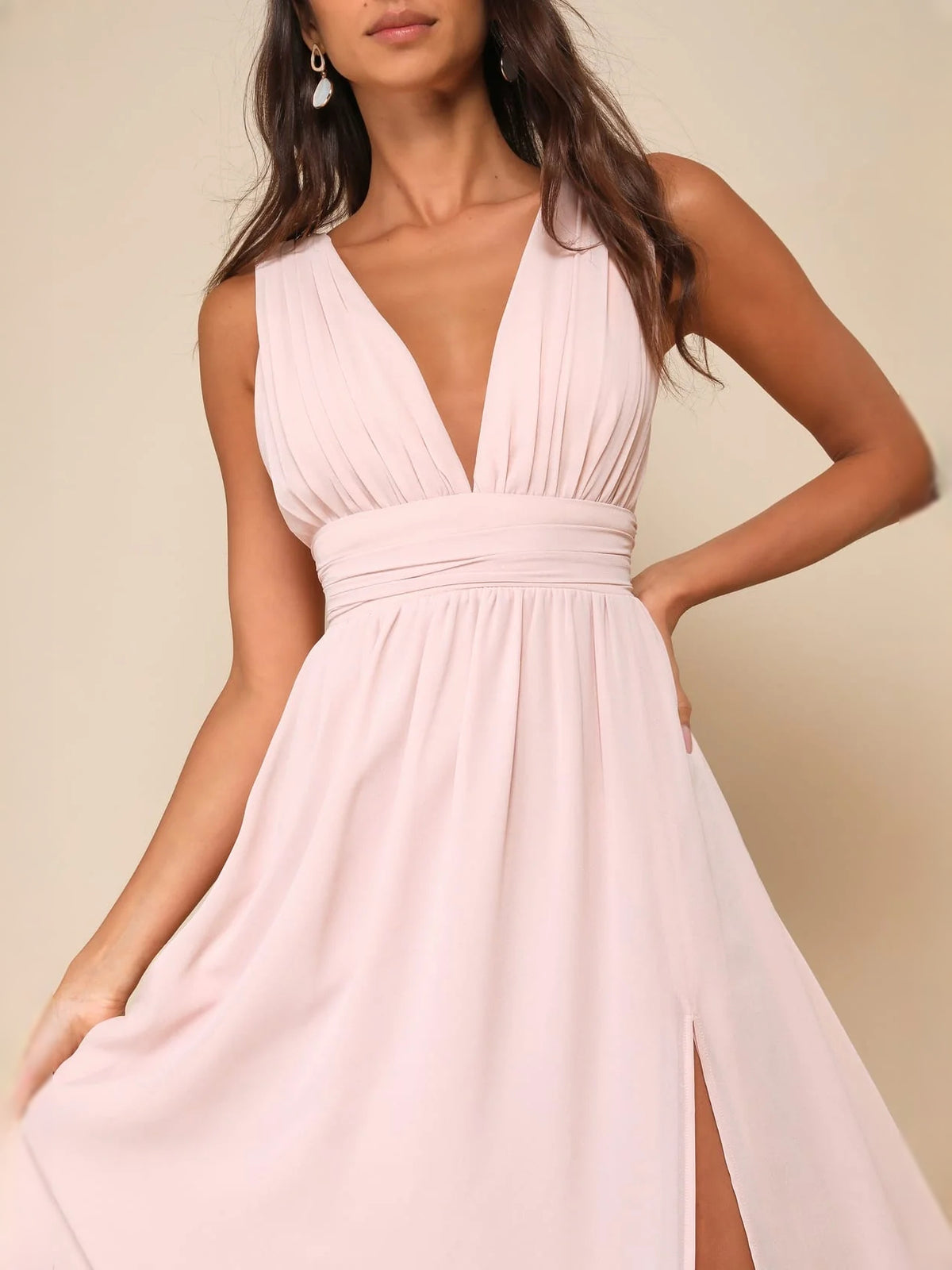 Light Pink maxi bridesmaid dress, alternate view showing the dress shape and hem