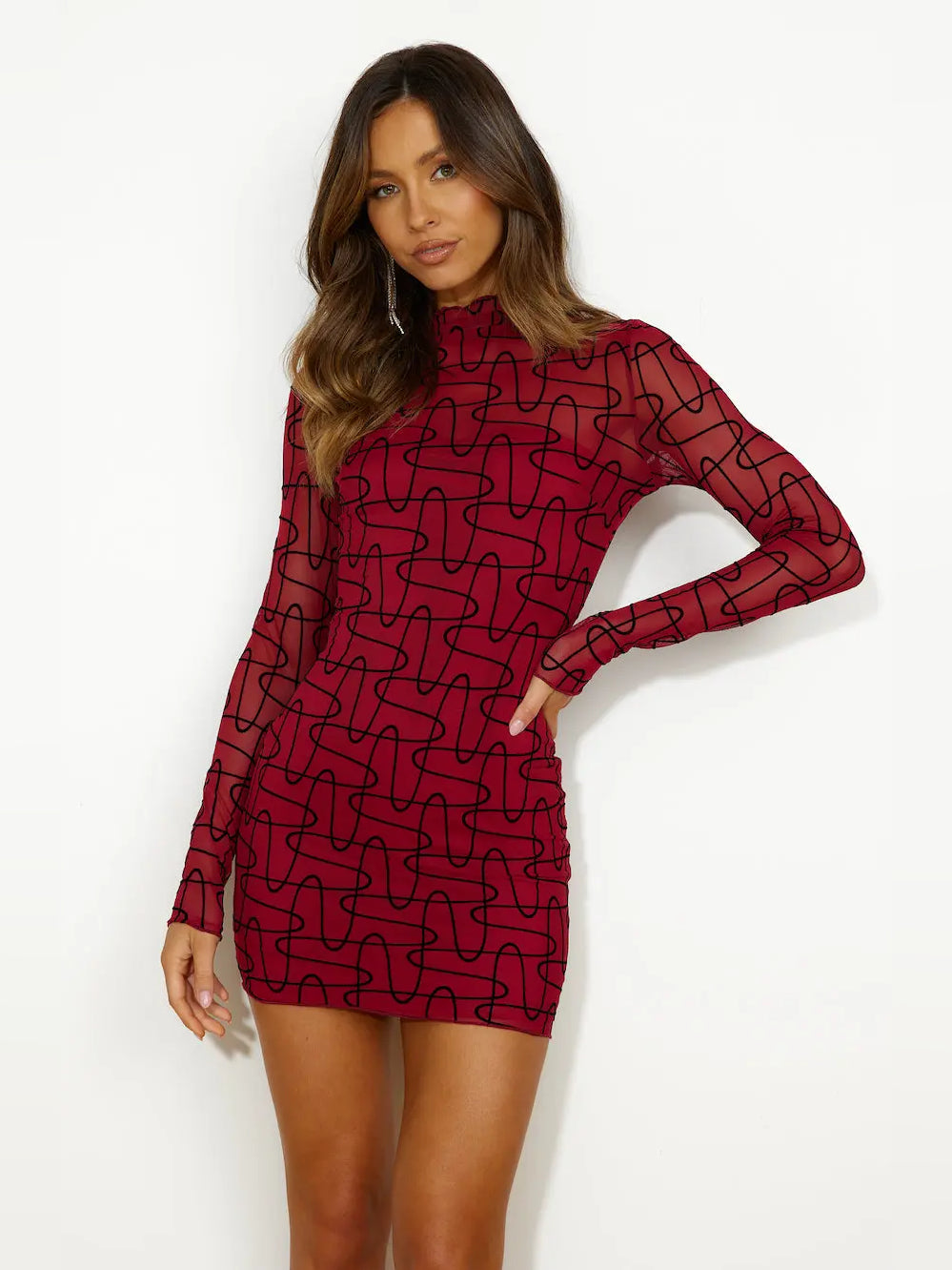 Maroon mini homecoming dress, alternate view showing the dress shape and hem