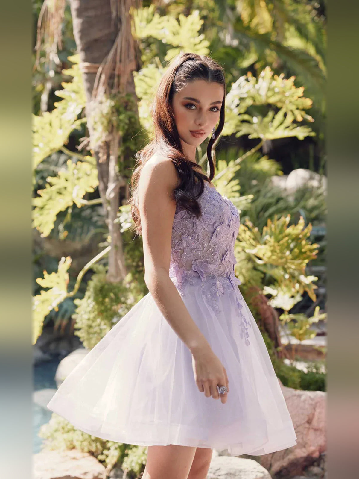 Silver mini homecoming dress, alternate view showing the dress shape and hem