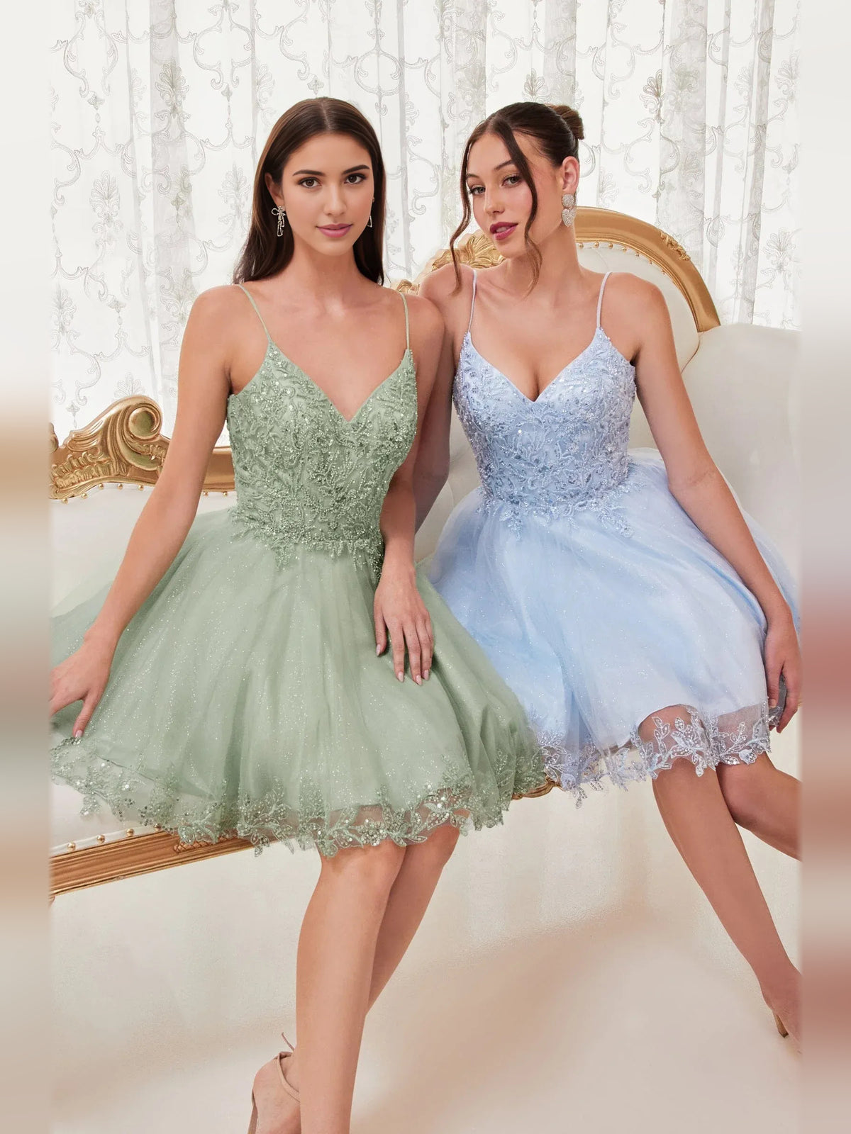 Dusty Sage short homecoming dress, alternate view showing the dress shape and hem