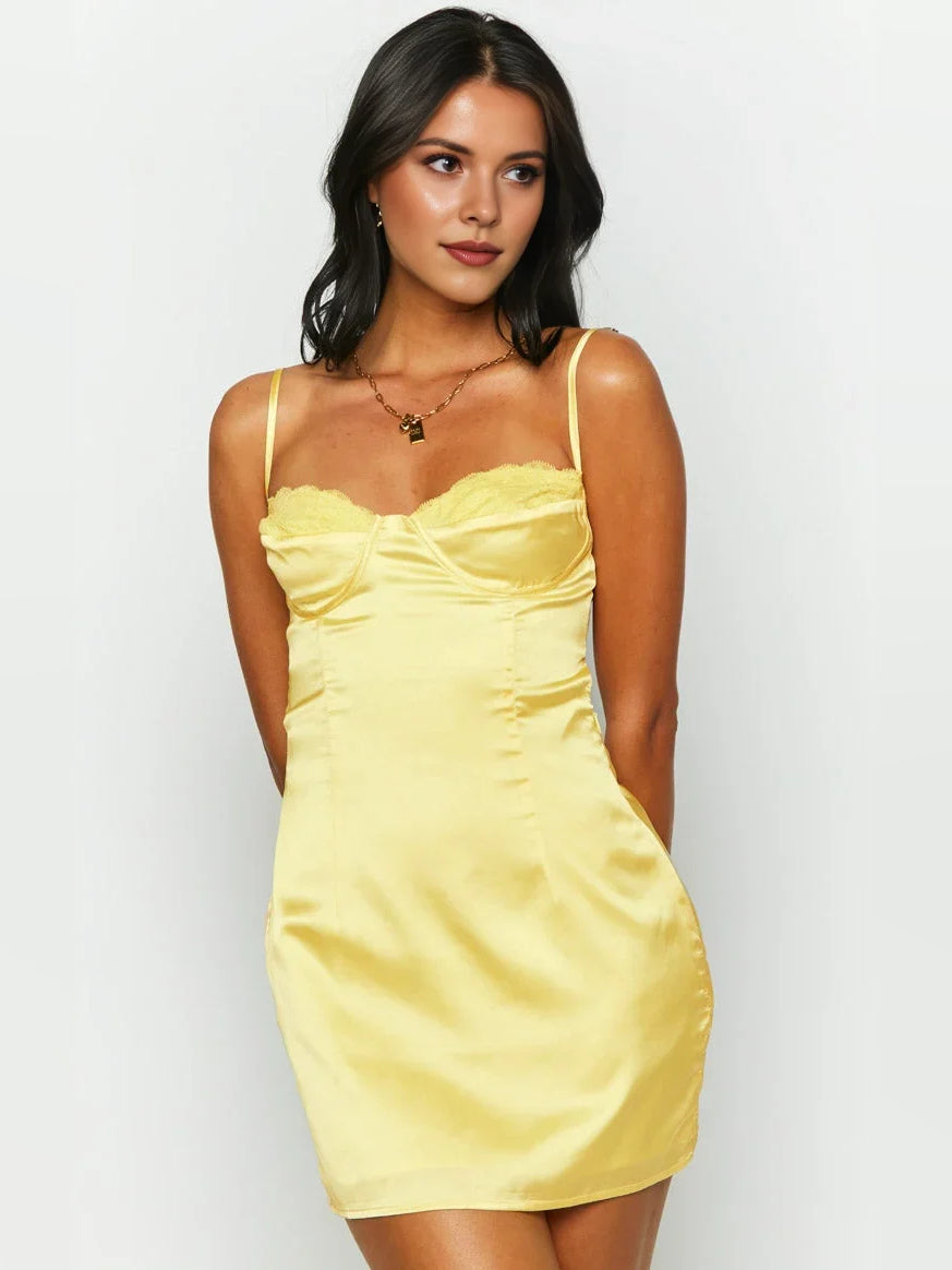 Canary mini homecoming dress, alternate view showing the dress shape and hem