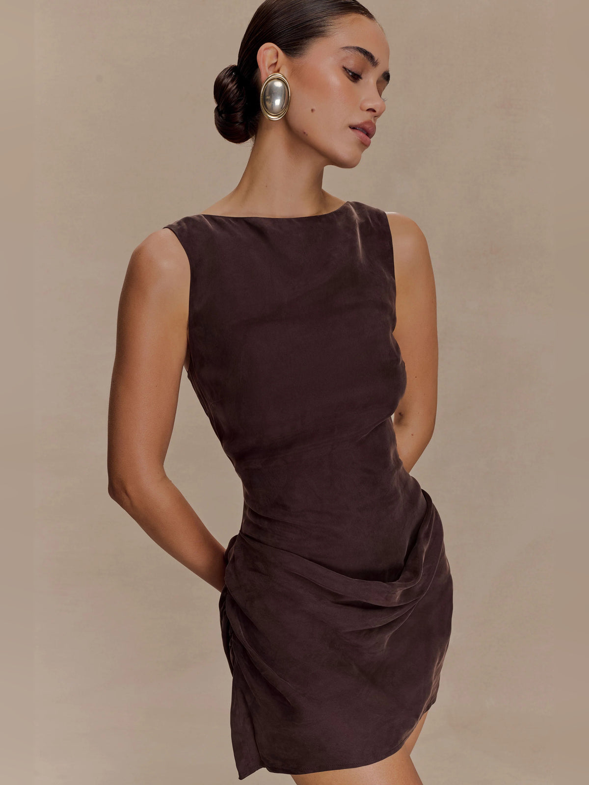 Chocolate mini homecoming dress, alternate view showing the dress shape and hem