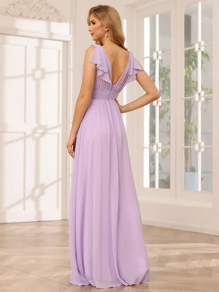 Lilac floor-length bridesmaid dress, alternate view showing the dress shape and hem
