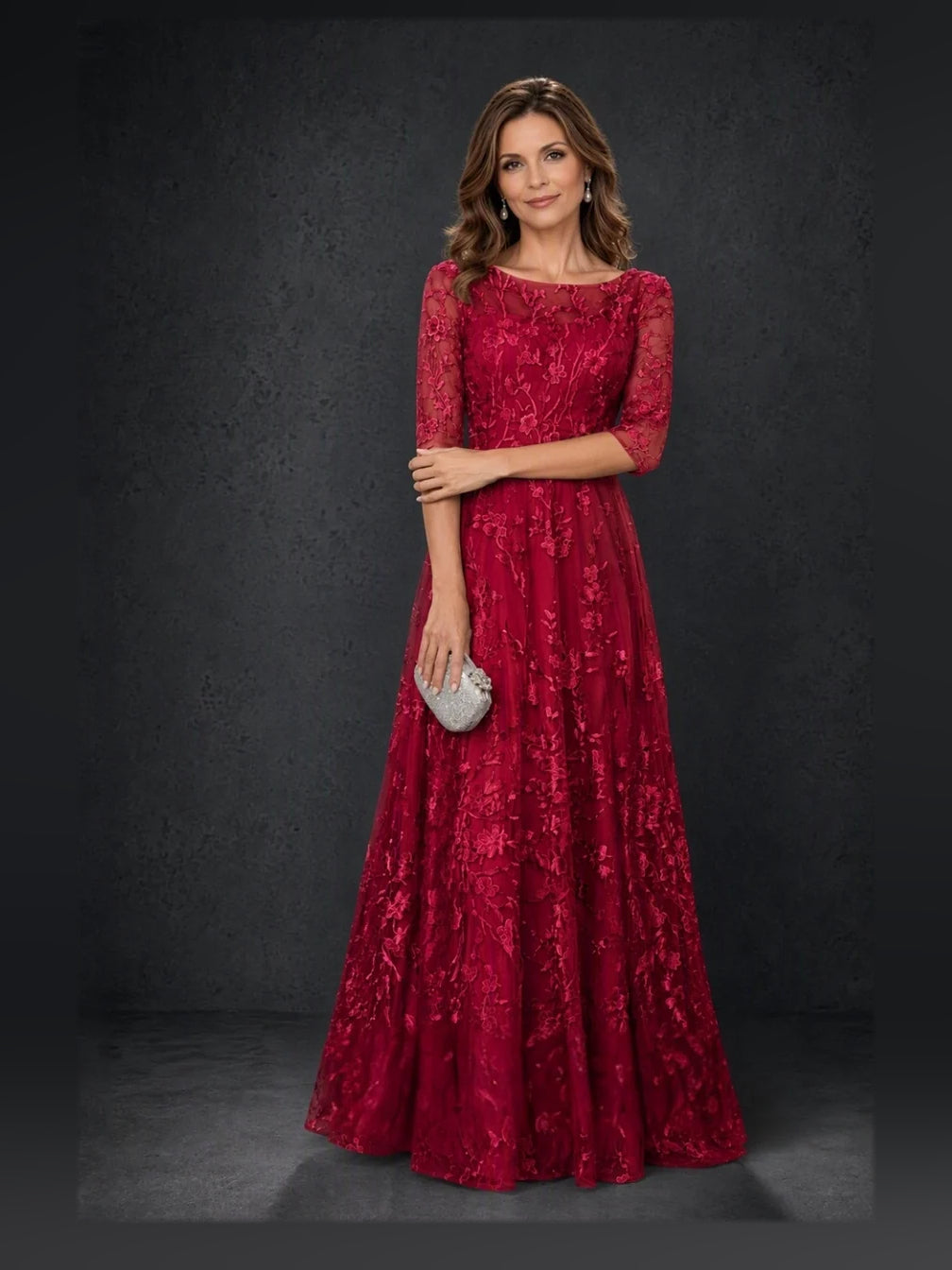 Deep Red floor-length mother of the bride dress, alternate view showing the dress shape and hem
