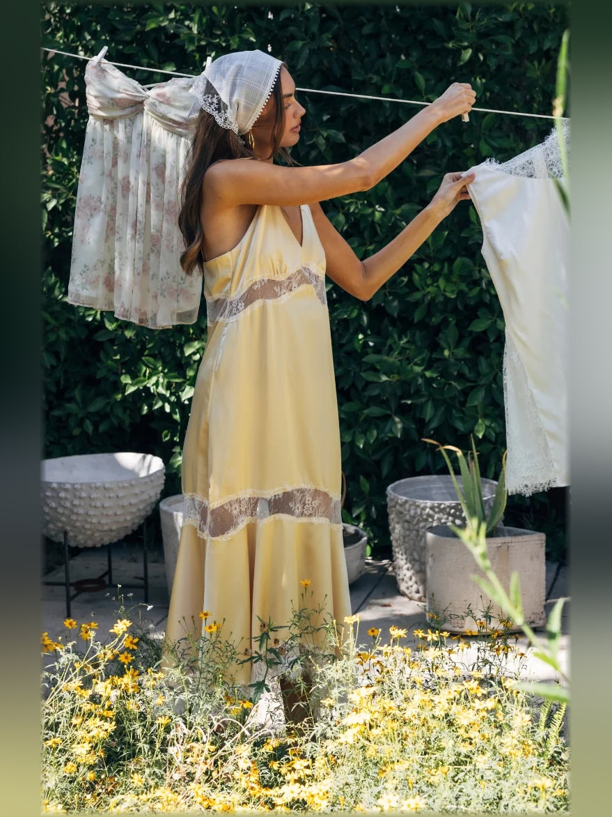 Yellow midi formal dress, alternate view showing the bodice
