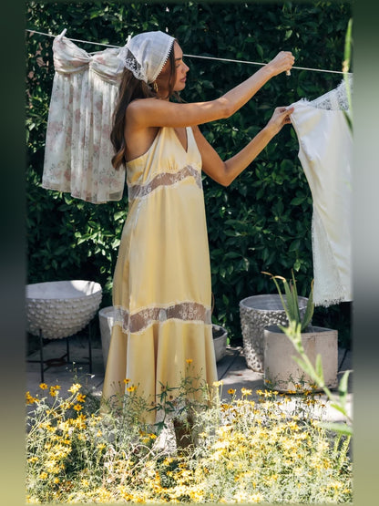 Yellow midi formal dress, alternate view showing the bodice