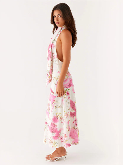 Ivory Floral midi formal dress with floral print, alternate view showing the bodice