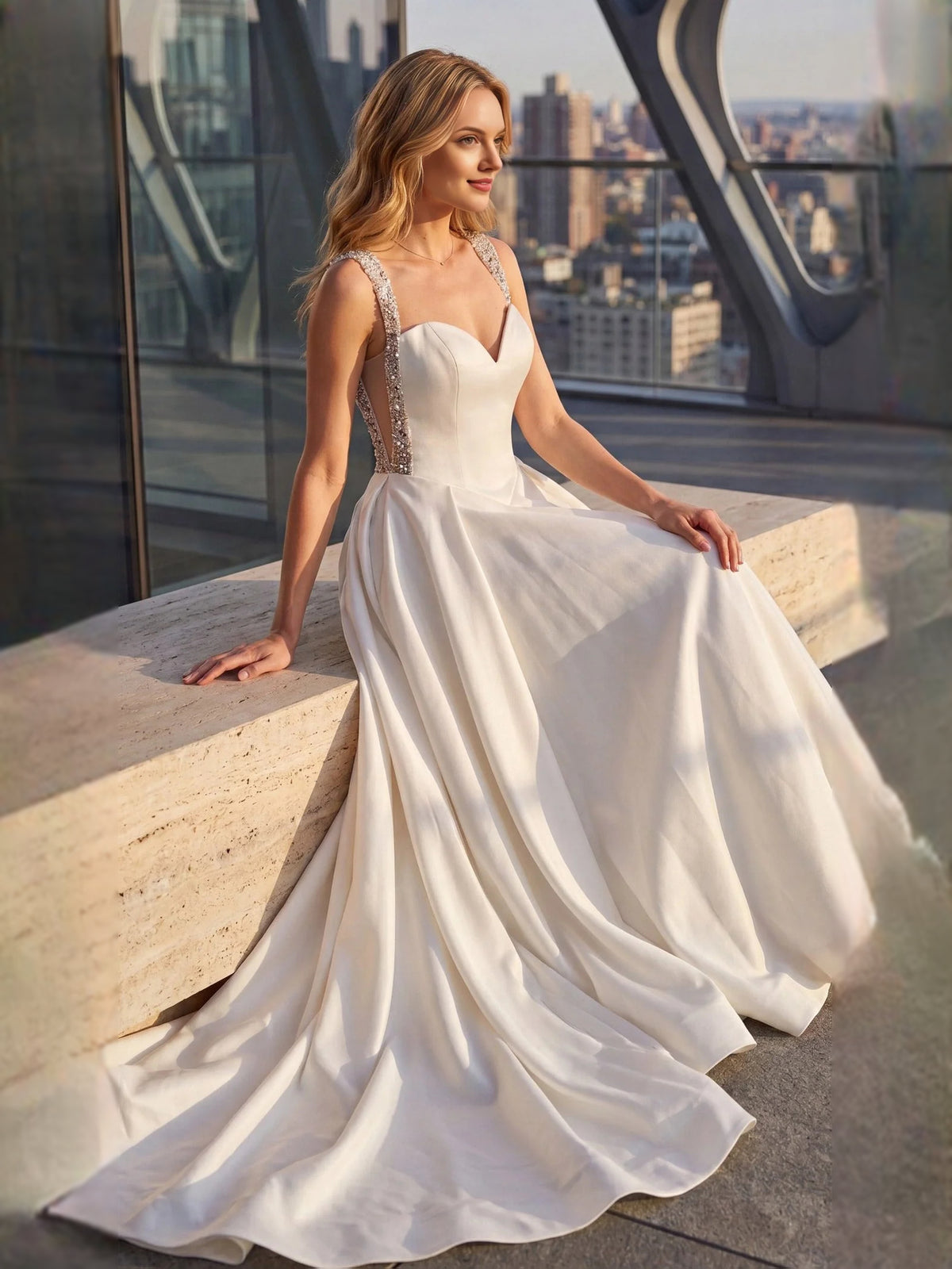 White floor-length wedding dress, alternate view showing the dress shape and hem
