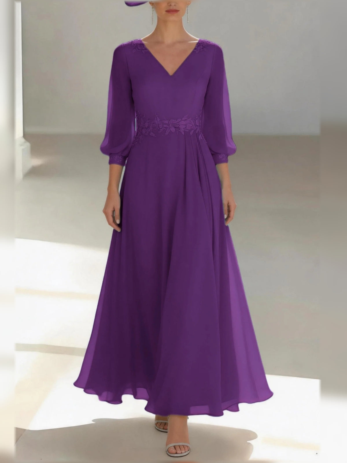 Deep Purple floor-length mother of the bride dress, alternate view showing the dress shape and hem