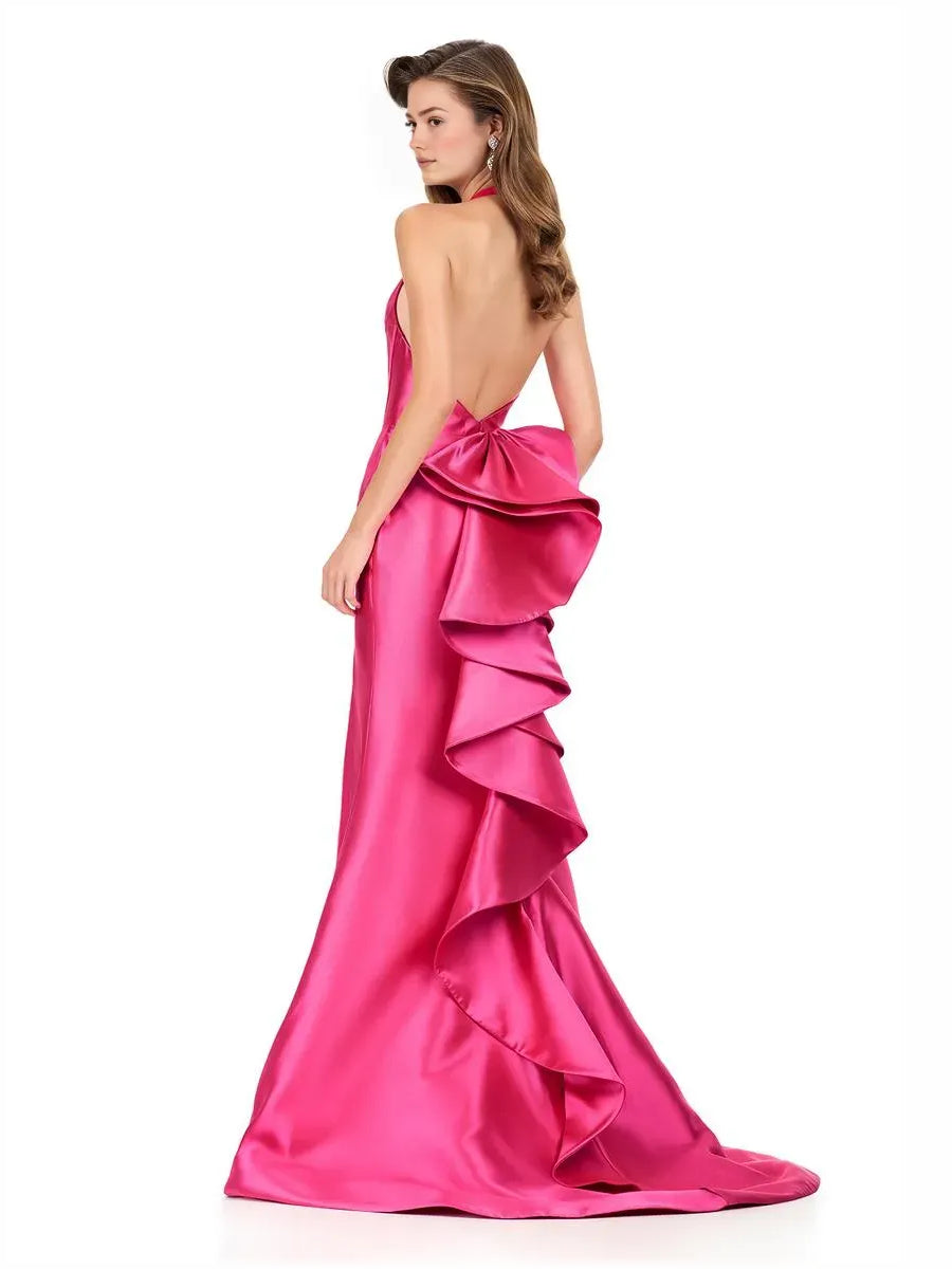 Red a-line floor-length formal dress with draping, alternate view