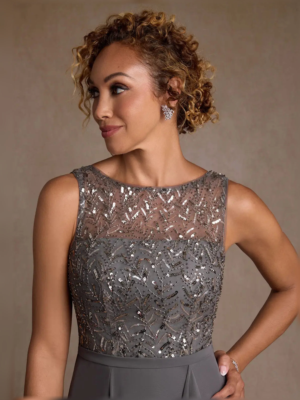 Grey floor-length mother of the bride dress, alternate view showing the dress shape and hem