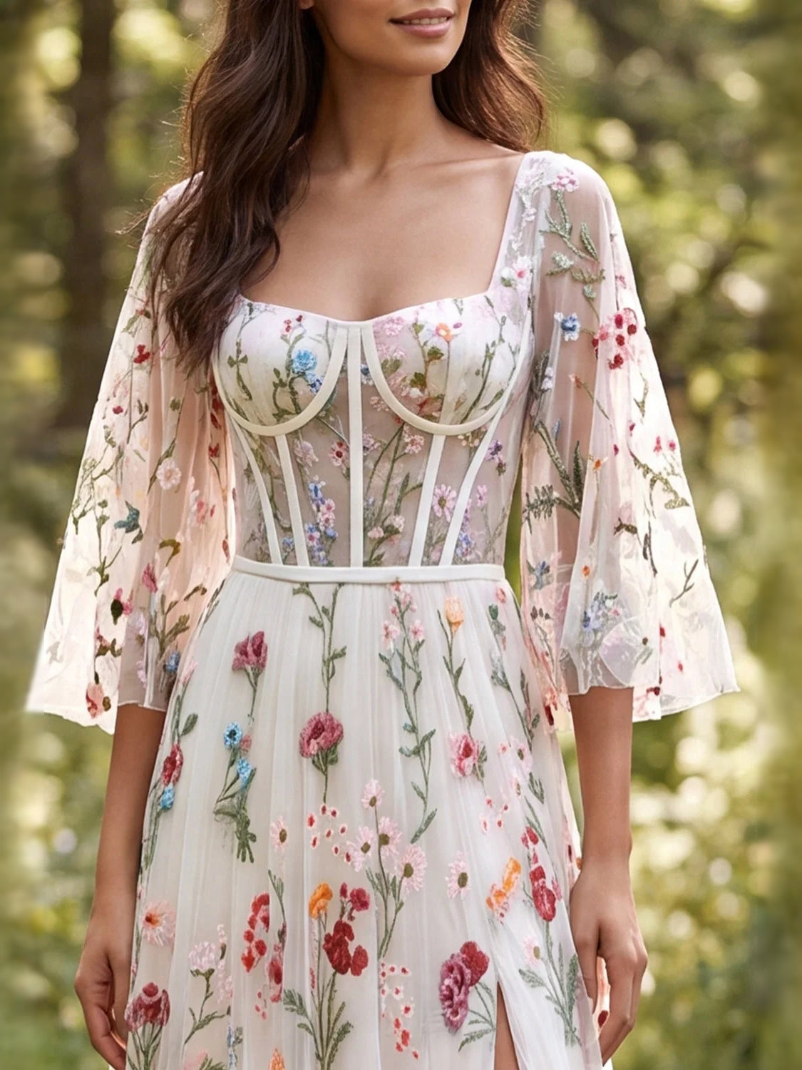 Ivory maxi bridesmaid dress, alternate view showing the dress shape and hem