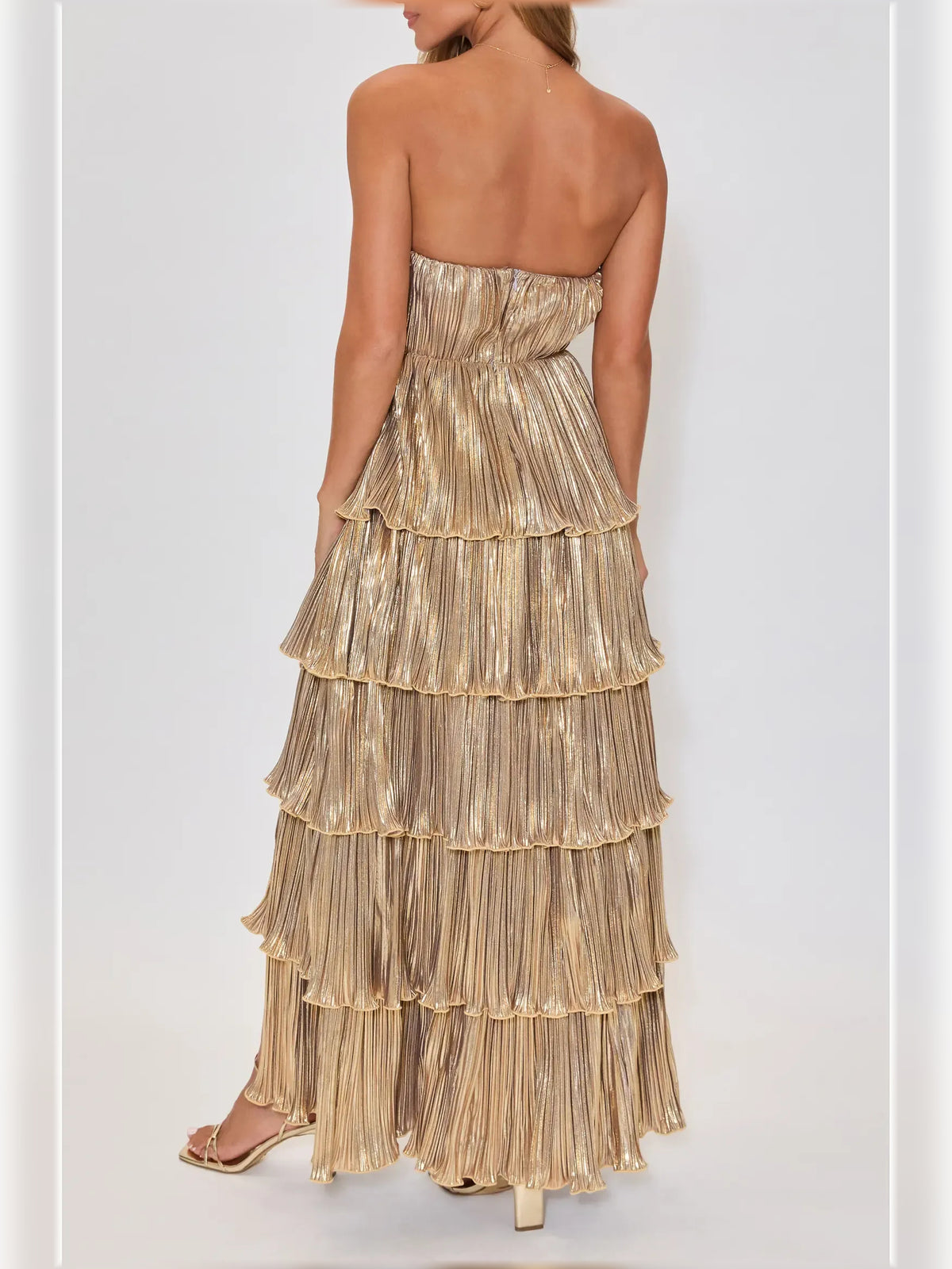 Gold a-line floor-length formal dress with ruffle details, alternate view