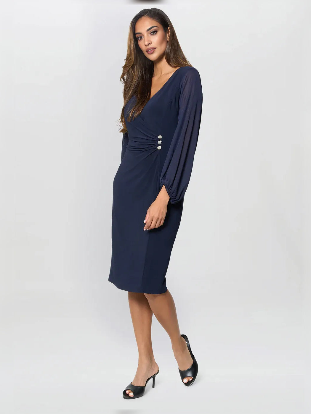 Dark Navy knee-length mother of the bride dress, alternate view showing the dress shape and hem