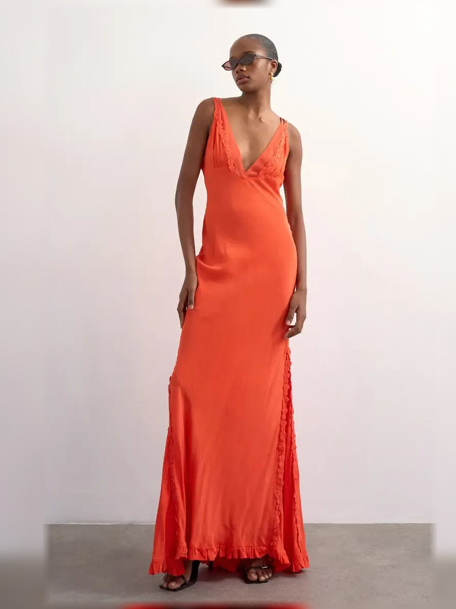 Orange mermaid floor-length formal dress with ruffle details, alternate view