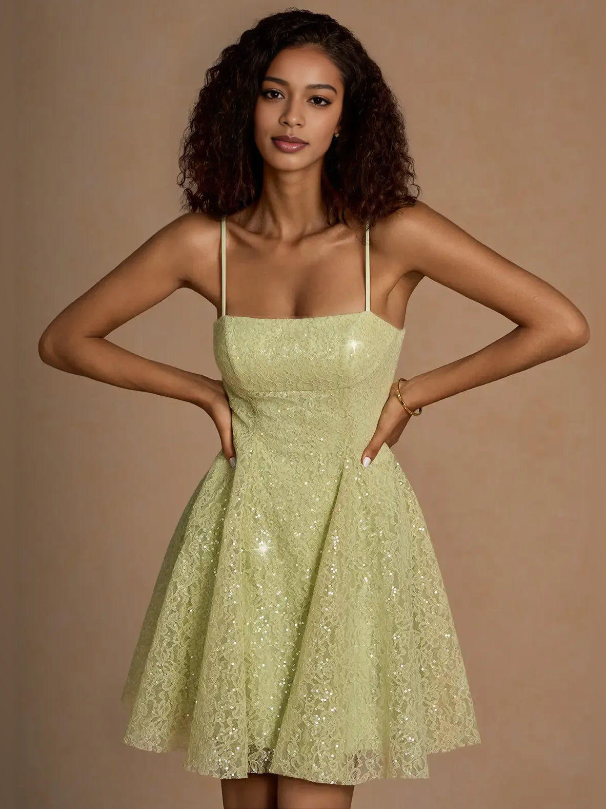 Sage Green mini homecoming dress, alternate view showing the dress shape and hem