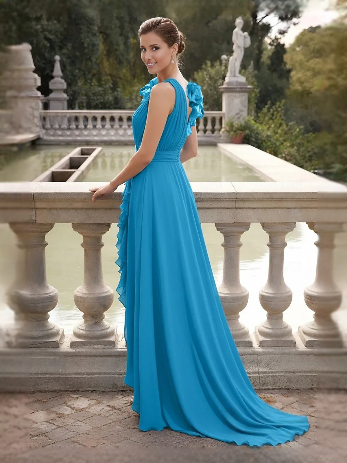 Blue maxi prom dress, alternate view showing the dress shape and hem