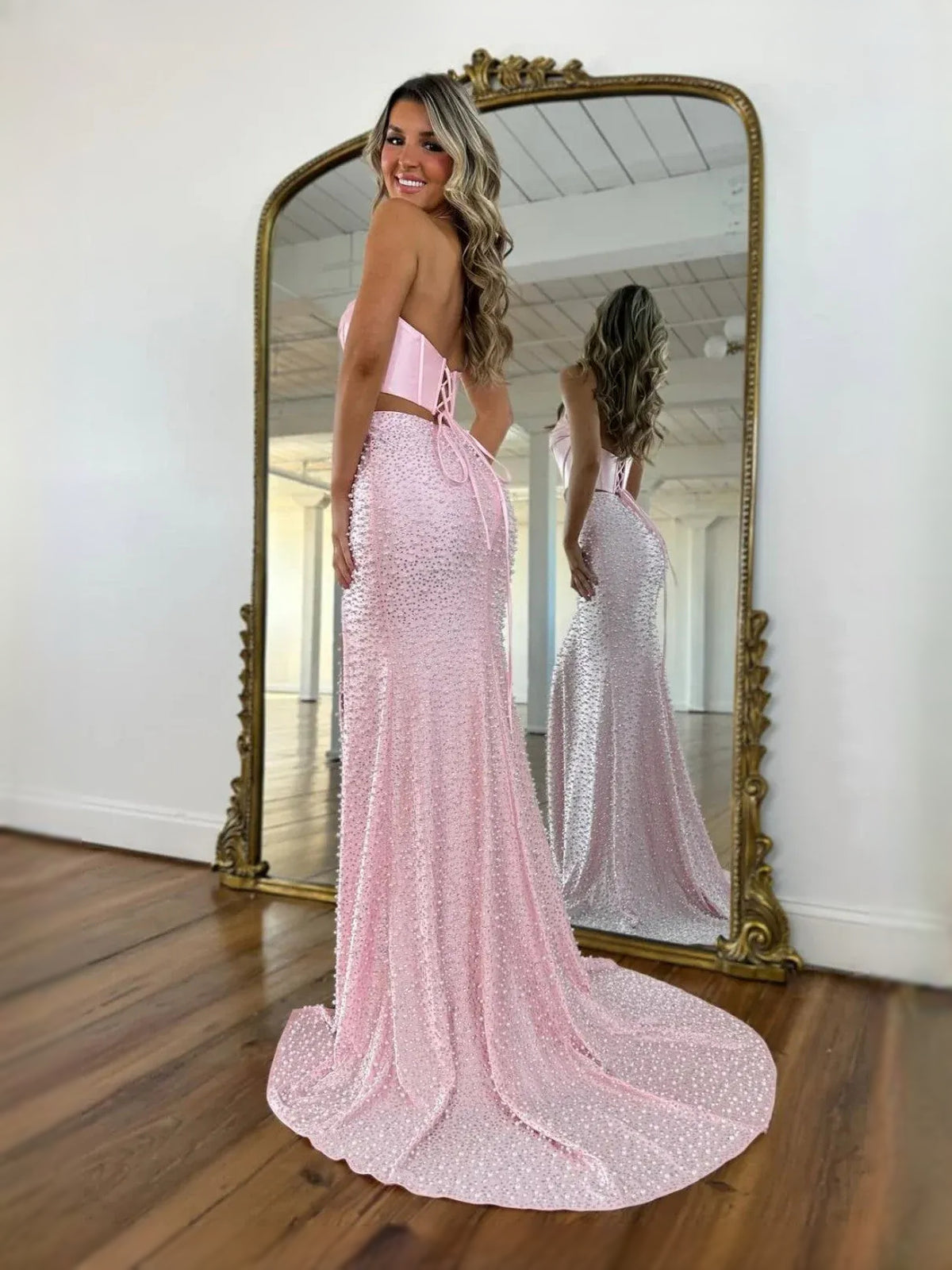 Blush Pink floor-length prom dress, alternate view showing the dress shape and hem
