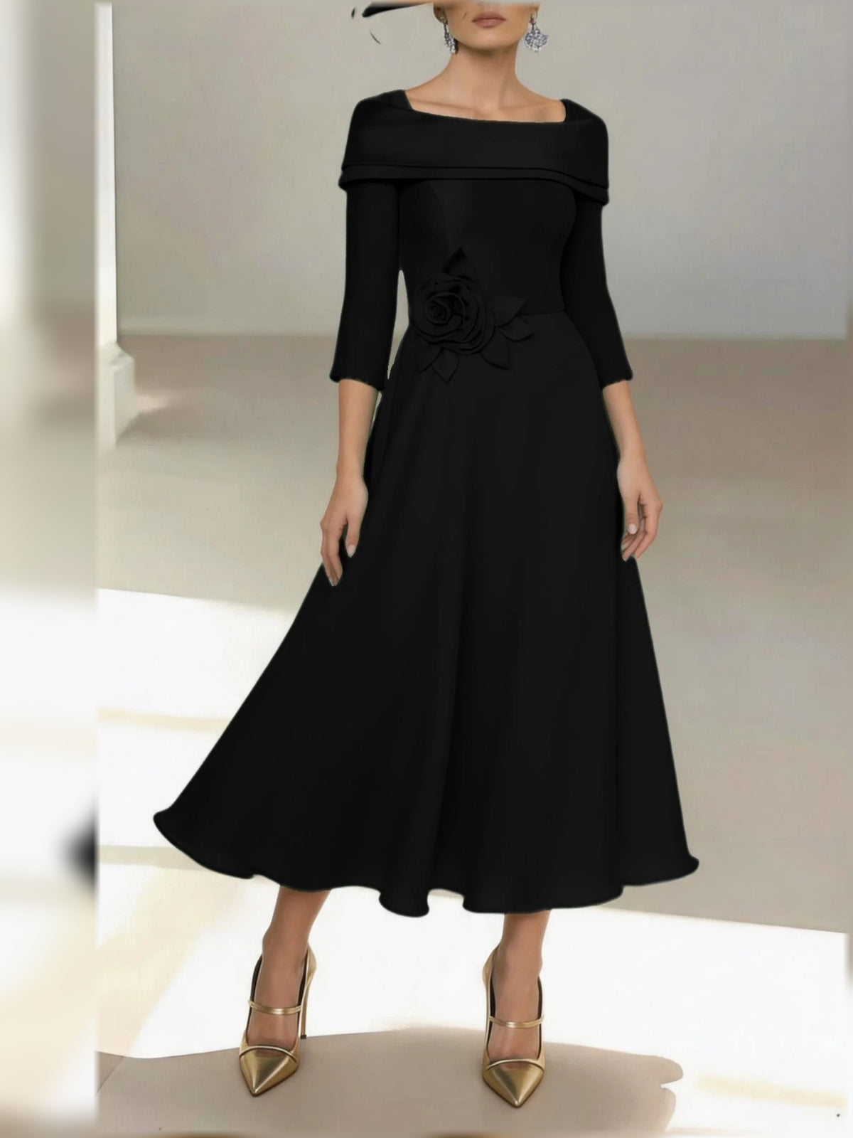 Black midi mother of the bride dress, alternate view showing the dress shape and hem
