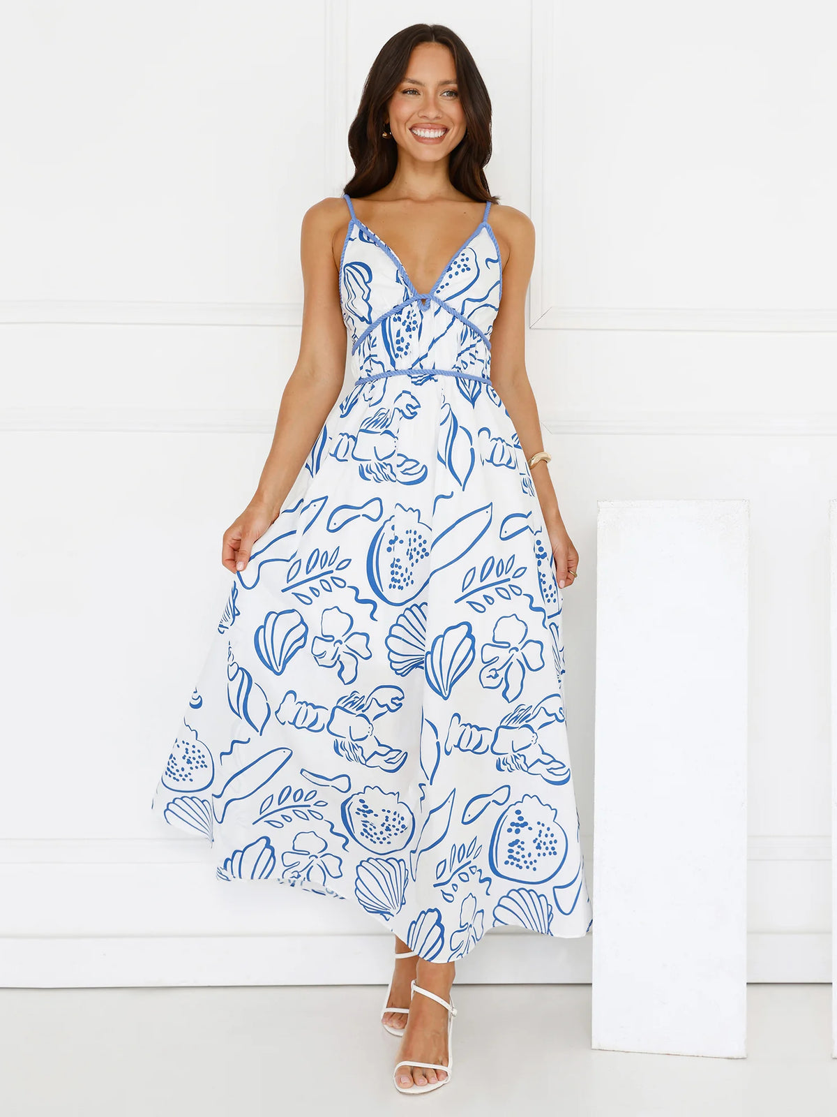 White a-line maxi formal dress with floral print, alternate view