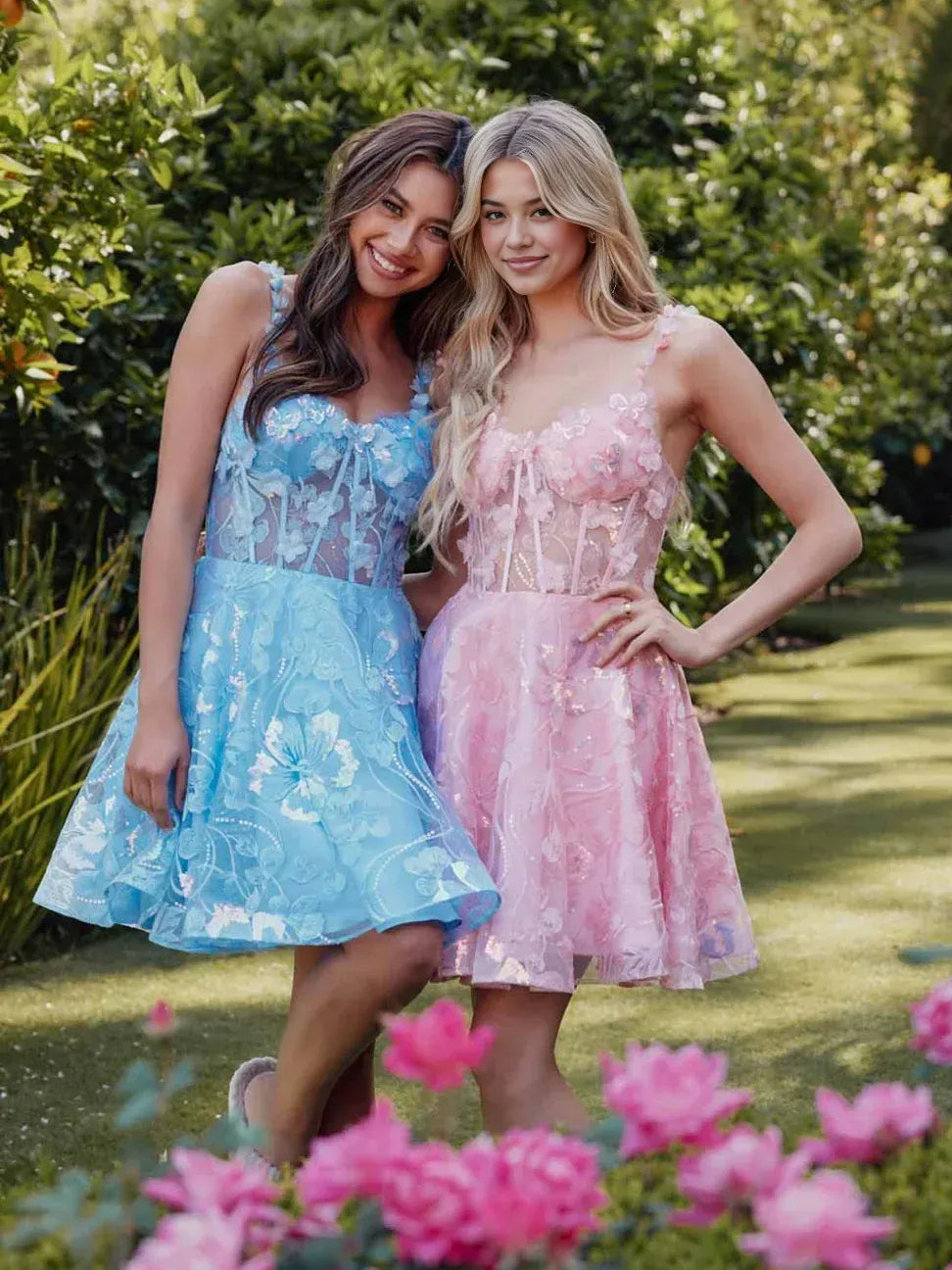 Pink short homecoming dress, alternate view showing the dress shape and hem