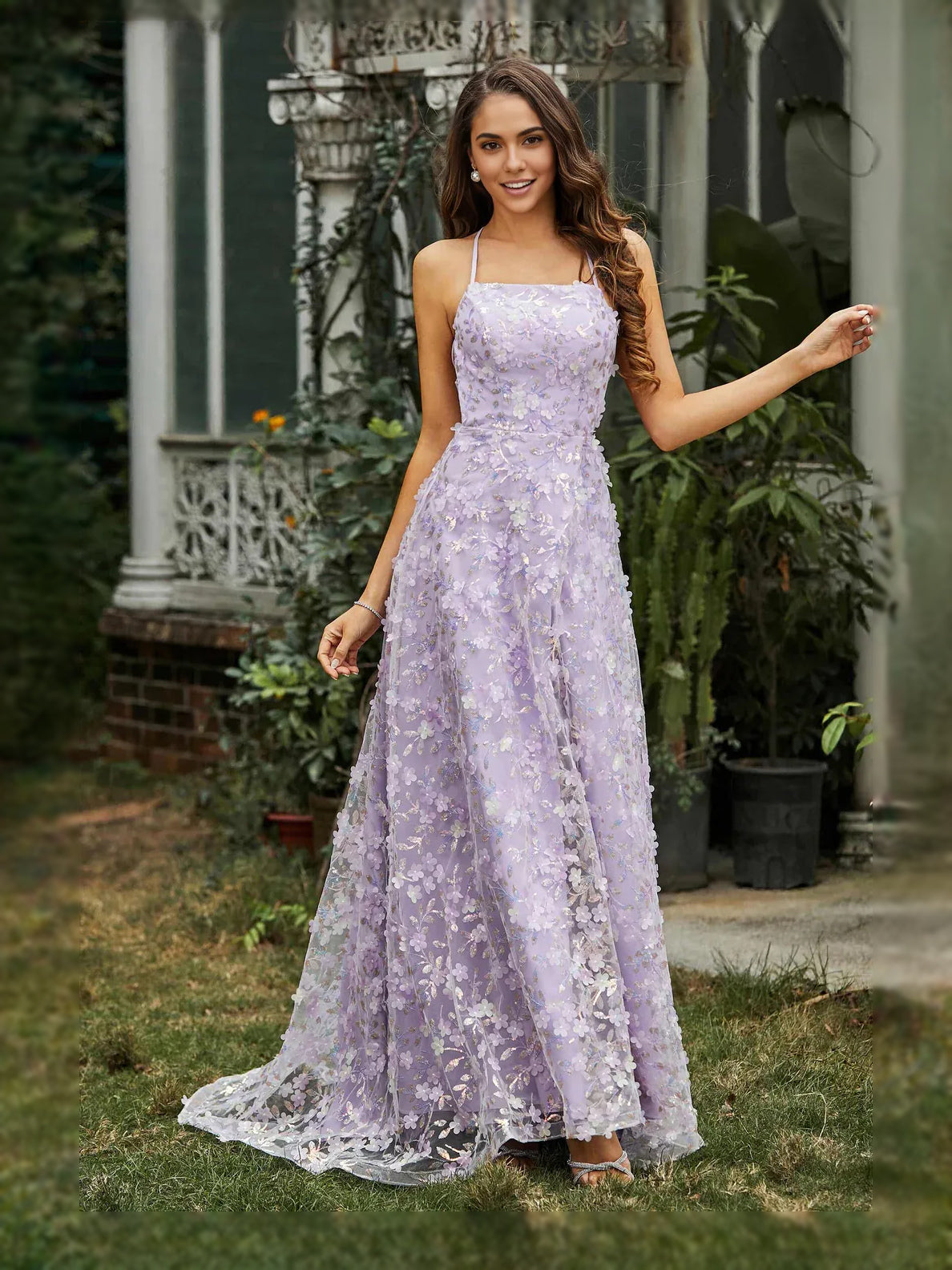 Lilac floor-length prom dress, alternate view showing the dress shape and hem