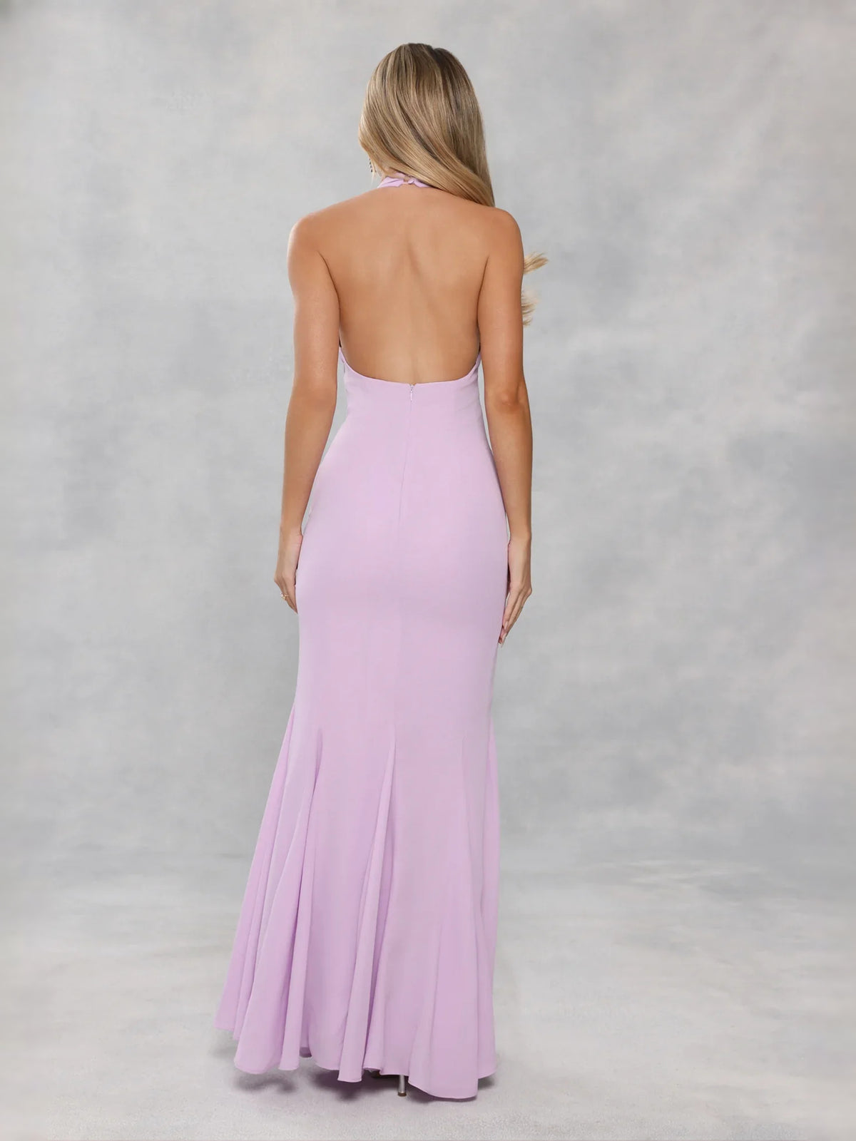 Lavender maxi prom dress, back view showing the rear of the dress from another angle