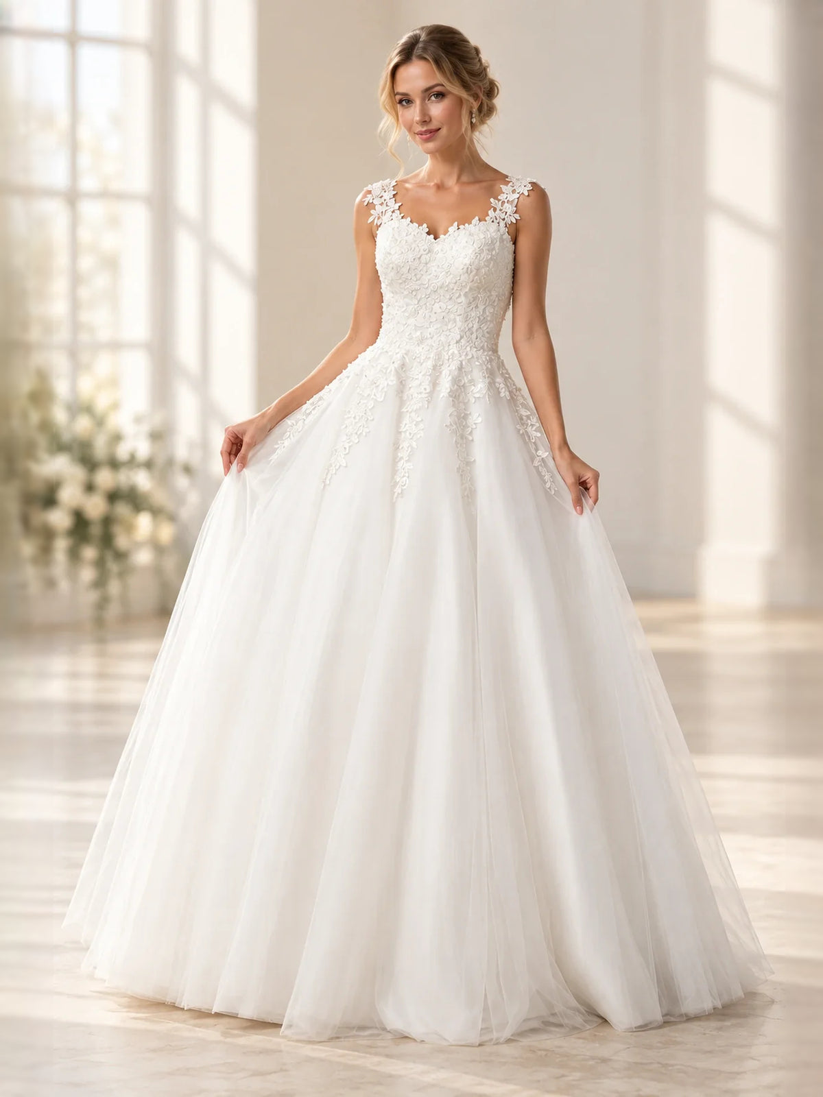 White floor-length wedding dress, alternate view showing the dress shape and hem