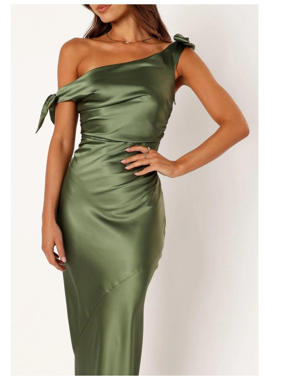 Sage Green mermaid floor-length formal dress with ruching, alternate view