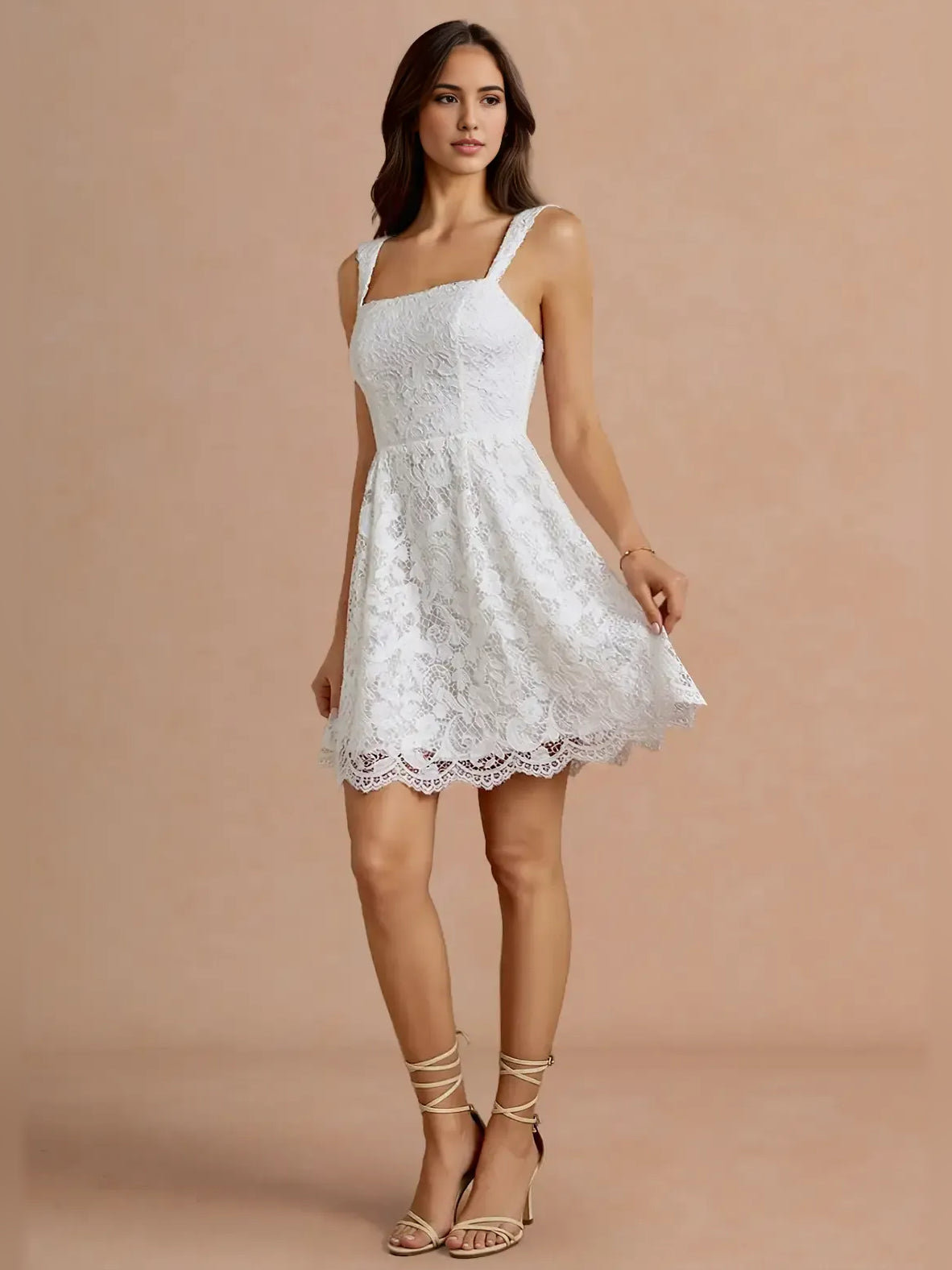 White mini homecoming dress, alternate view showing the dress shape and hem